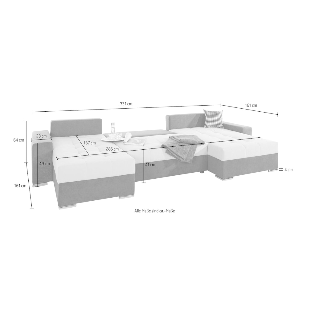 COLLECTION AB Wohnlandschaft »Josy U-Form«, inkl. Bettfunktion, Bettkasten und Zierkissen, mit XXL-Recamiere