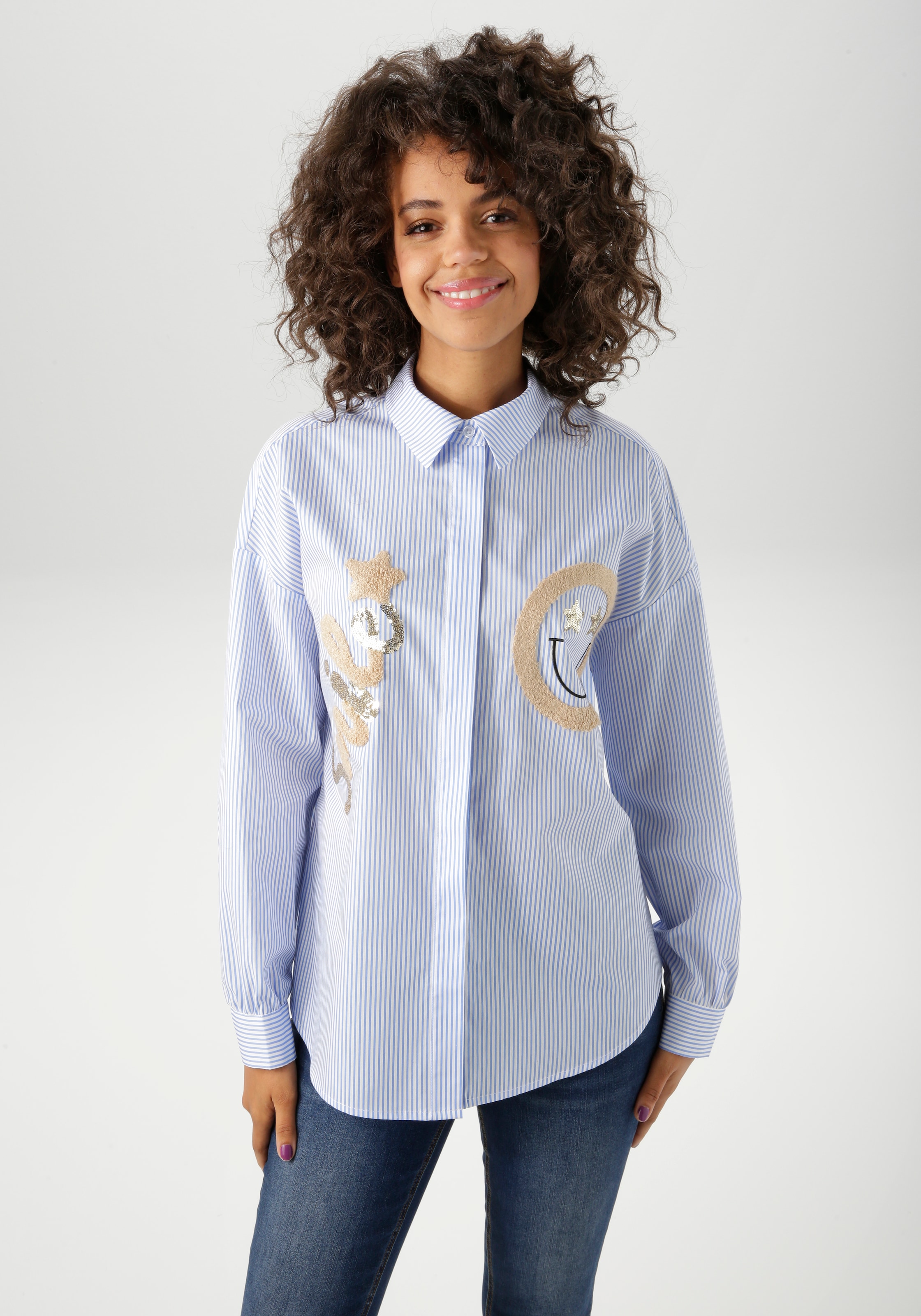Aniston CASUAL Hemdbluse, mit Pailletten verzierte Smiley-Applikationen - N günstig online kaufen