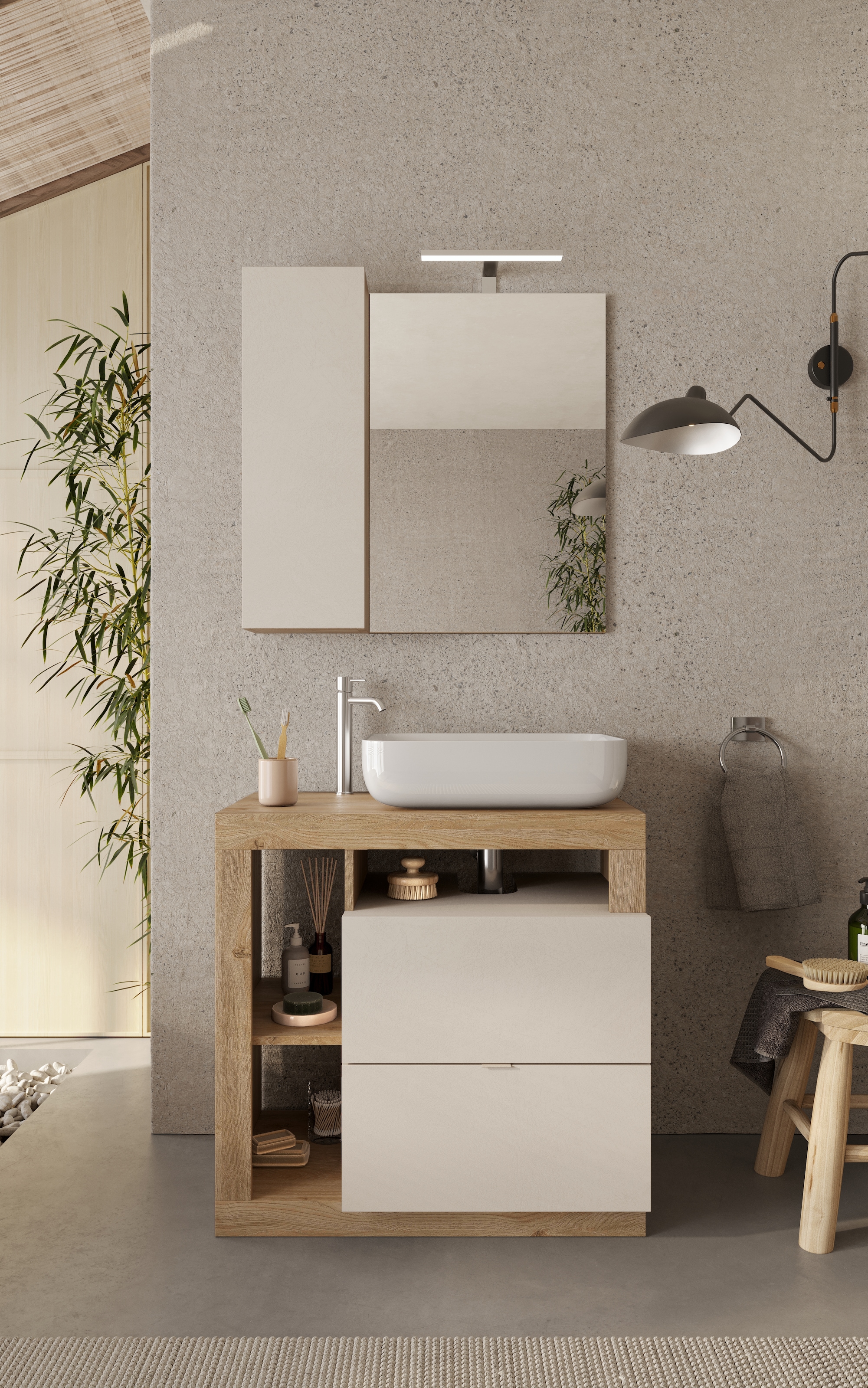 welltime Badmöbel-Set »Hamburg, Badezimmerset 2tlg. Breite 79 cm, Badmöbel, Waschtisch inkl.«, (Spar-Set, 2 St.), Waschbecken, Spiegelschrank mit LED Aufbauleuchte, Soft-Close-Funktion