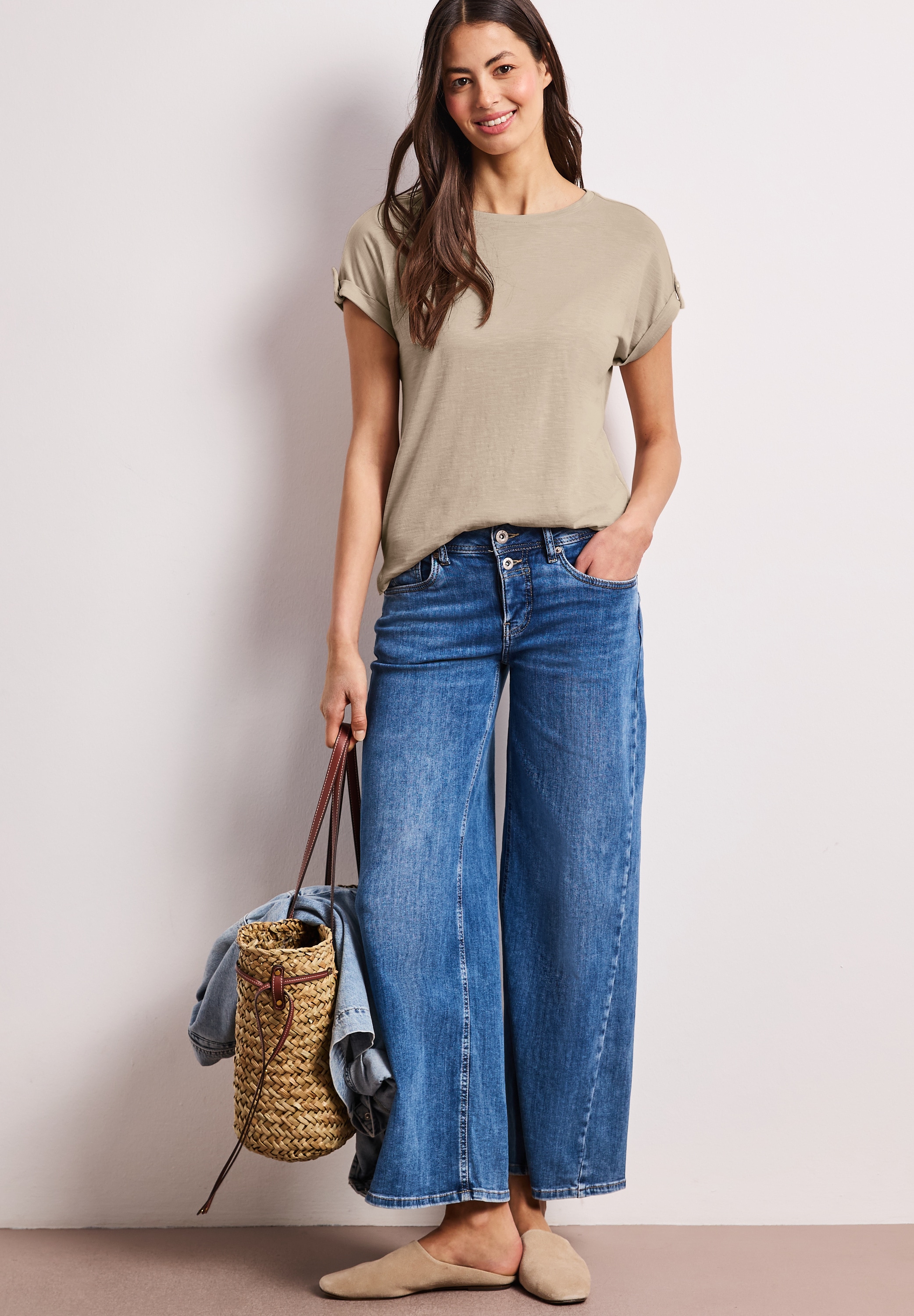 STREET ONE Shirttop Sommershirt mit Rundhals und Knopfdetails