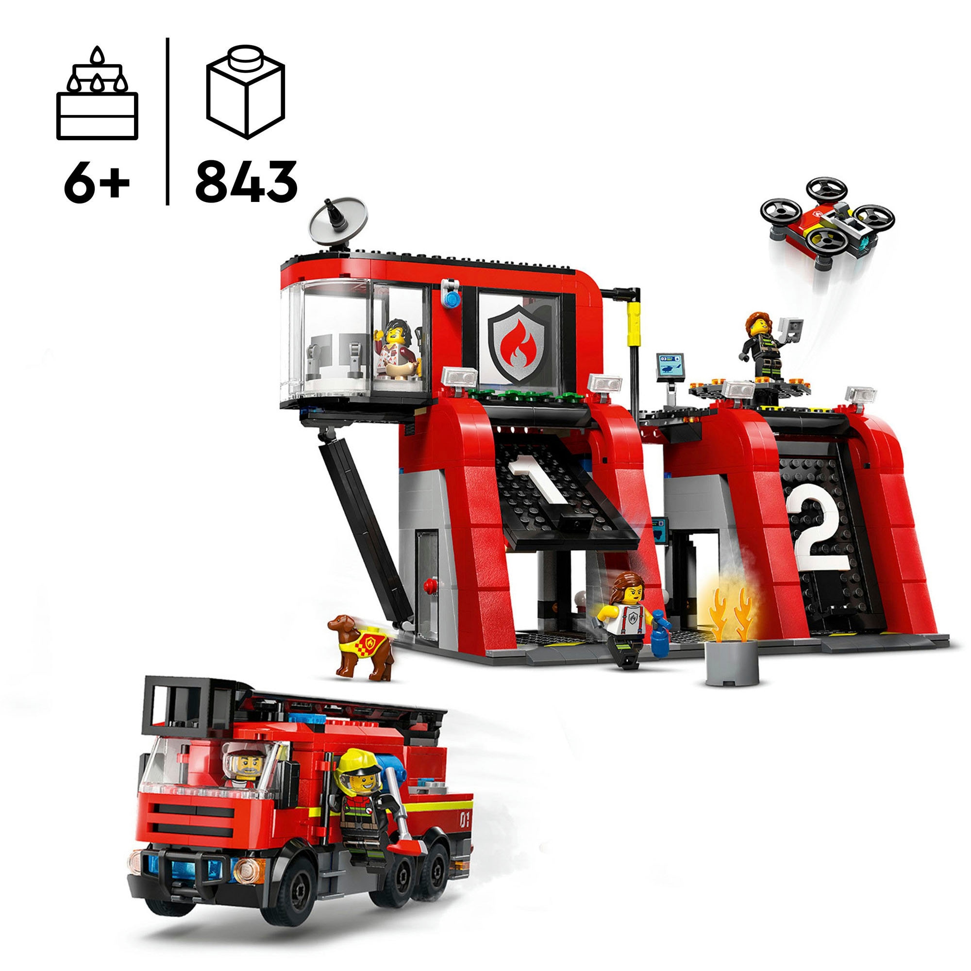 LEGO® Konstruktionsspielsteine »Feuerwehrstation mit Drehleiterfahrzeug (60414), LEGO City«, (843 St.), Made in Europe