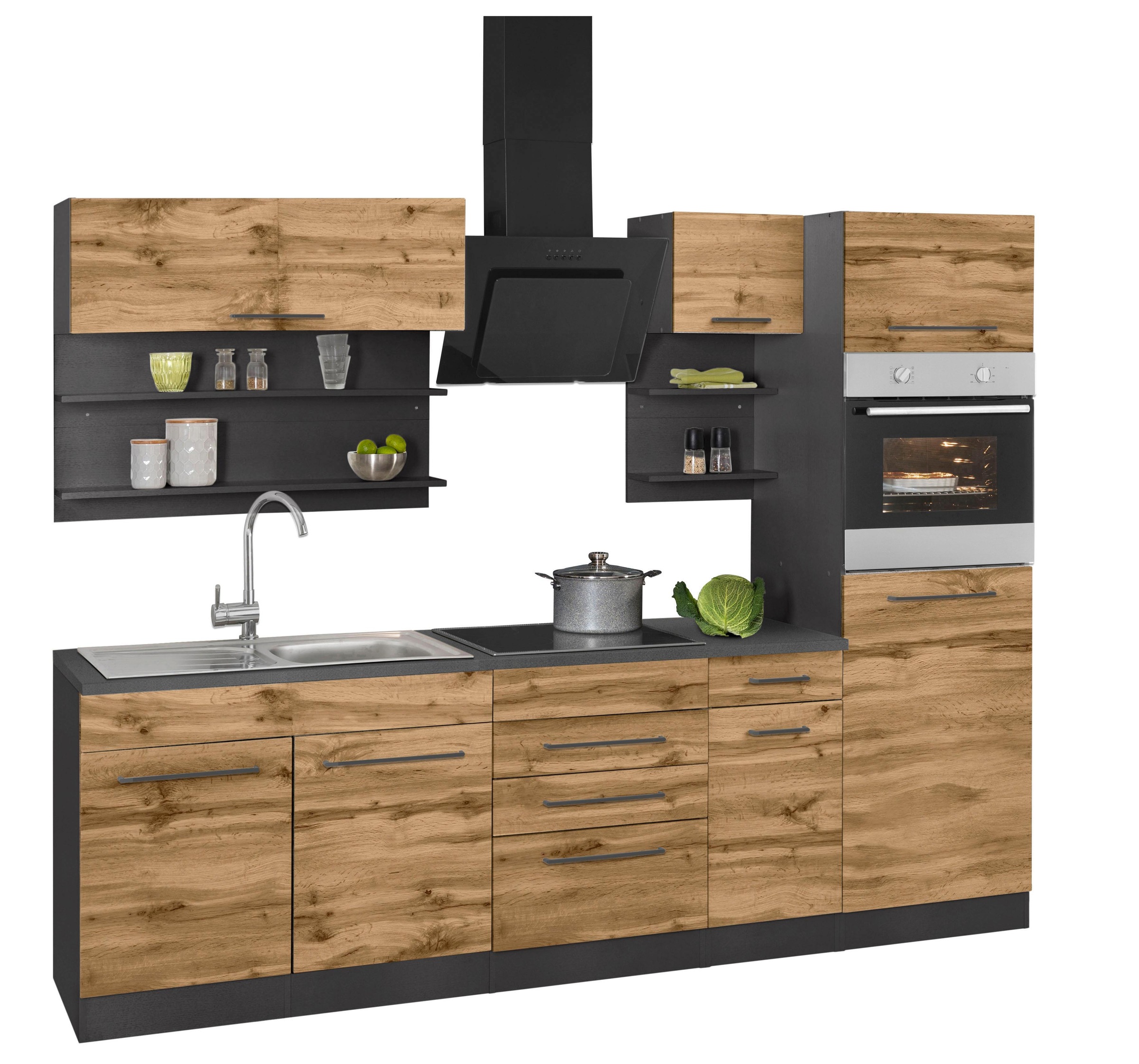 KOCHSTATION Küchenzeile »KS-Tulsa«, ohne E-Geräte, Breite 270 cm, schwarze Metallgriffe, MDF Fronten
