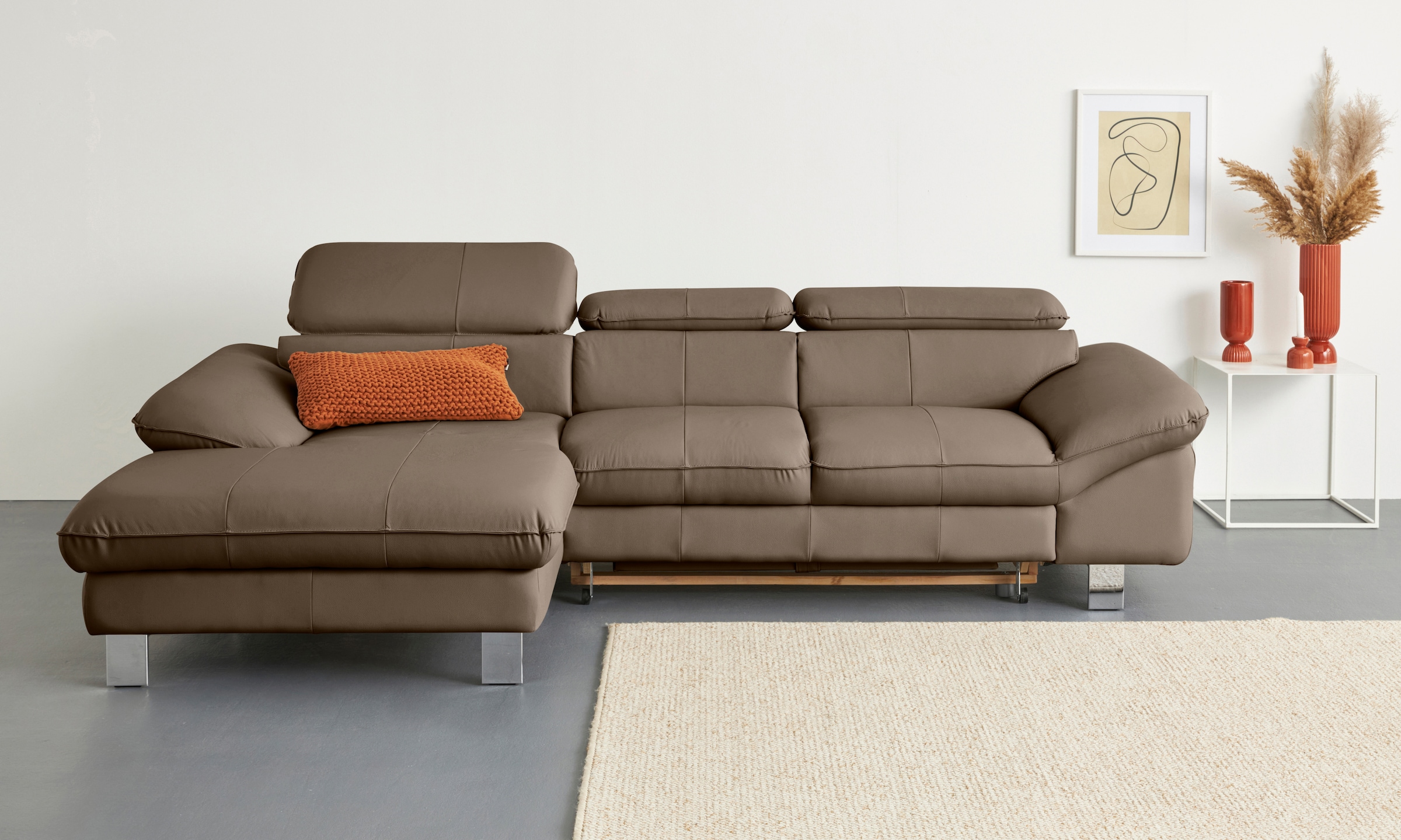 COTTA Ecksofa "Driver L-Form, B: 268 cm, moderne Couch mit Wellenunterfederung, Leder" Kopfteilverstellung, opt. Schlaffunktion + XL Bettkasten, LF:191x129cm