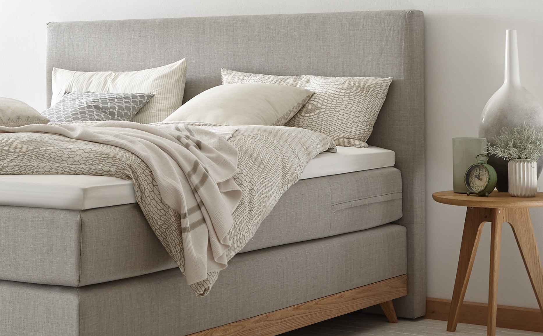 Thumbnail - HASENA Boxspringbett "Scandia" Boxspringbett, gepolstertes Kopfteil, Scandi Look, Füsse Eiche bianco