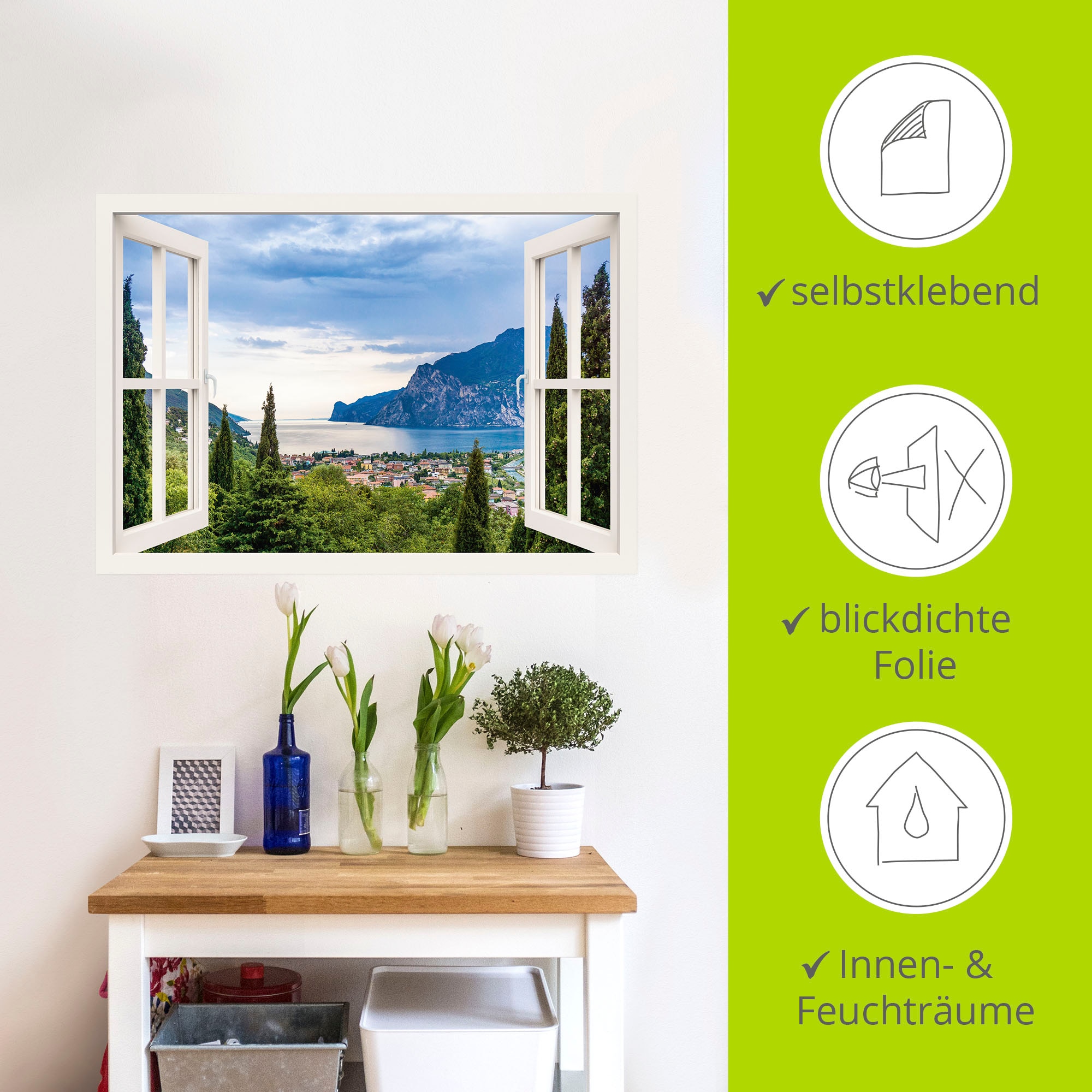 Artland Wandbild »Gardasee durchs weiße Fenster«, Seebilder, (1 St.), als Alubild, Outdoorbild, Leinwandbild, Poster, Wandaufkleber
