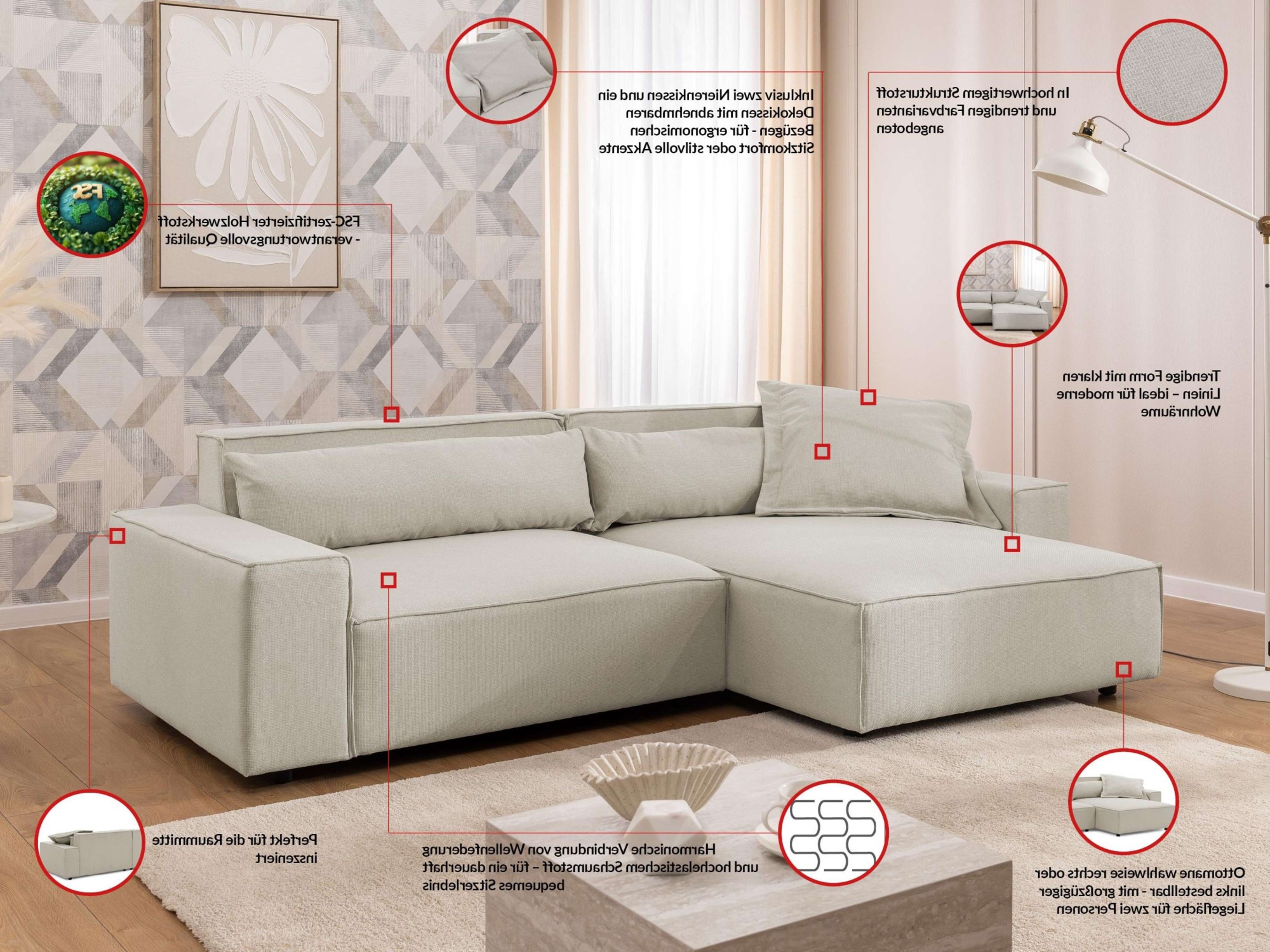 Thumbnail - OTTO home Ecksofa "KINLEE Design-Sofa mit Recamiere rechts/links, Maße B/T/H 251/144/70cm" L-Form mit Wellenunterfederun...