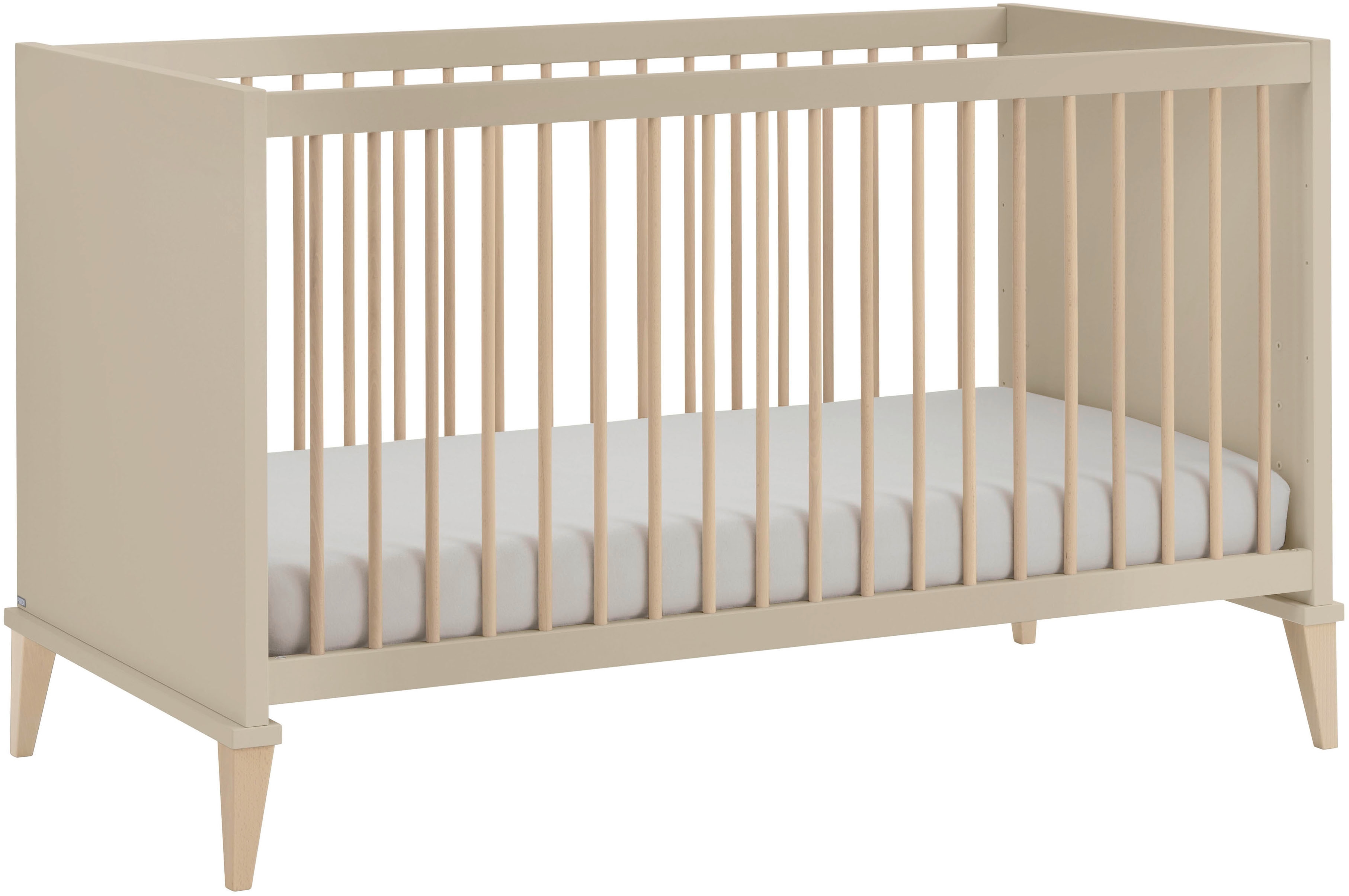 PAIDI Babybett "JONTE 70x140cm in Beige, umbaubares Kinderbett mit Massivholz" Gitterbett 4-fach höhenverstellbar, entnehmbare Sprossen, Juniorbett