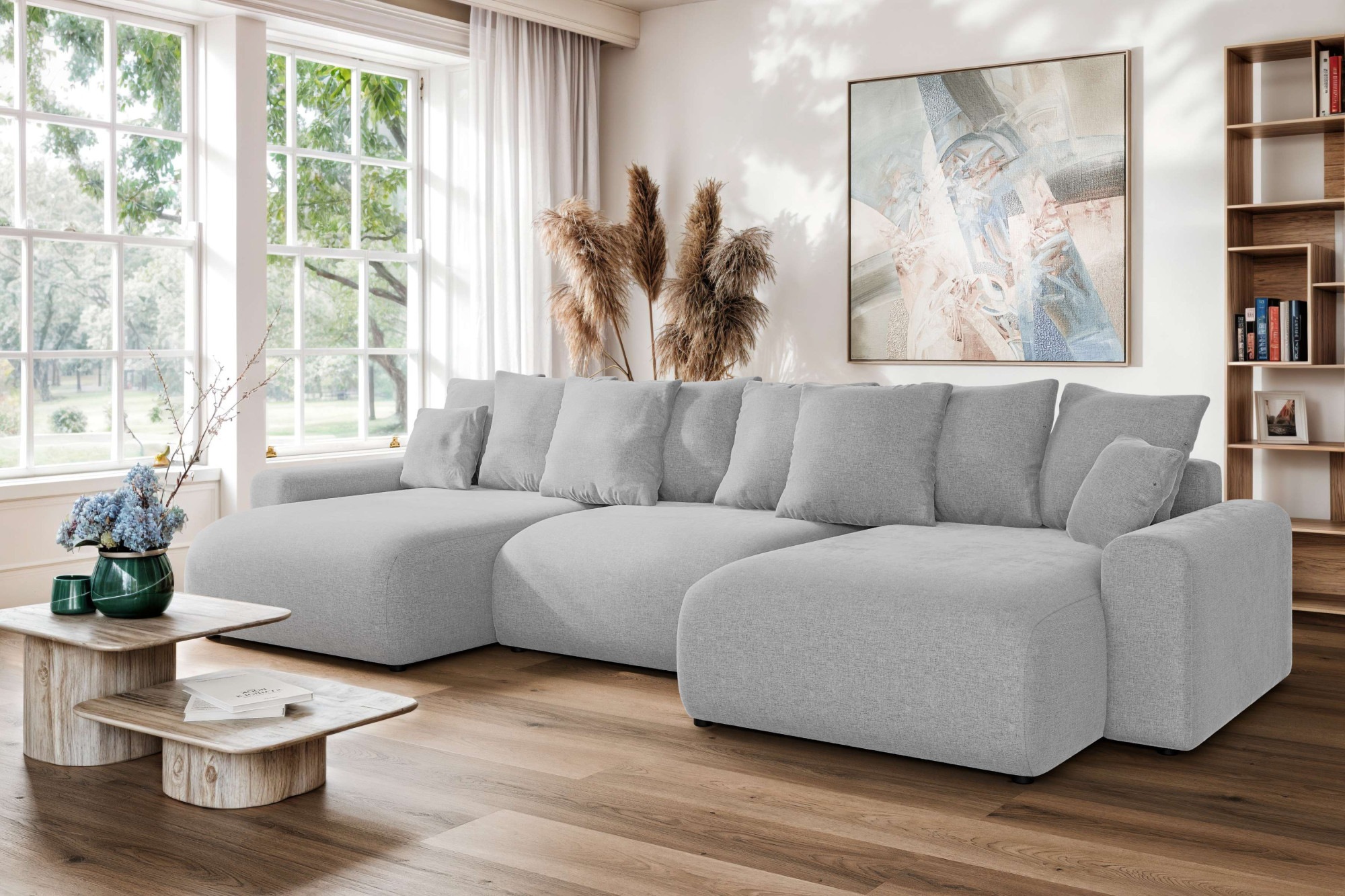 Home affaire Wohnlandschaft »LAKESIDE mit Bettfunktion und Bettkasten, Maße B/T/H: 332,5/142/84 cm«, U‑Form mit vielen Kissen und Wellenunterfederung