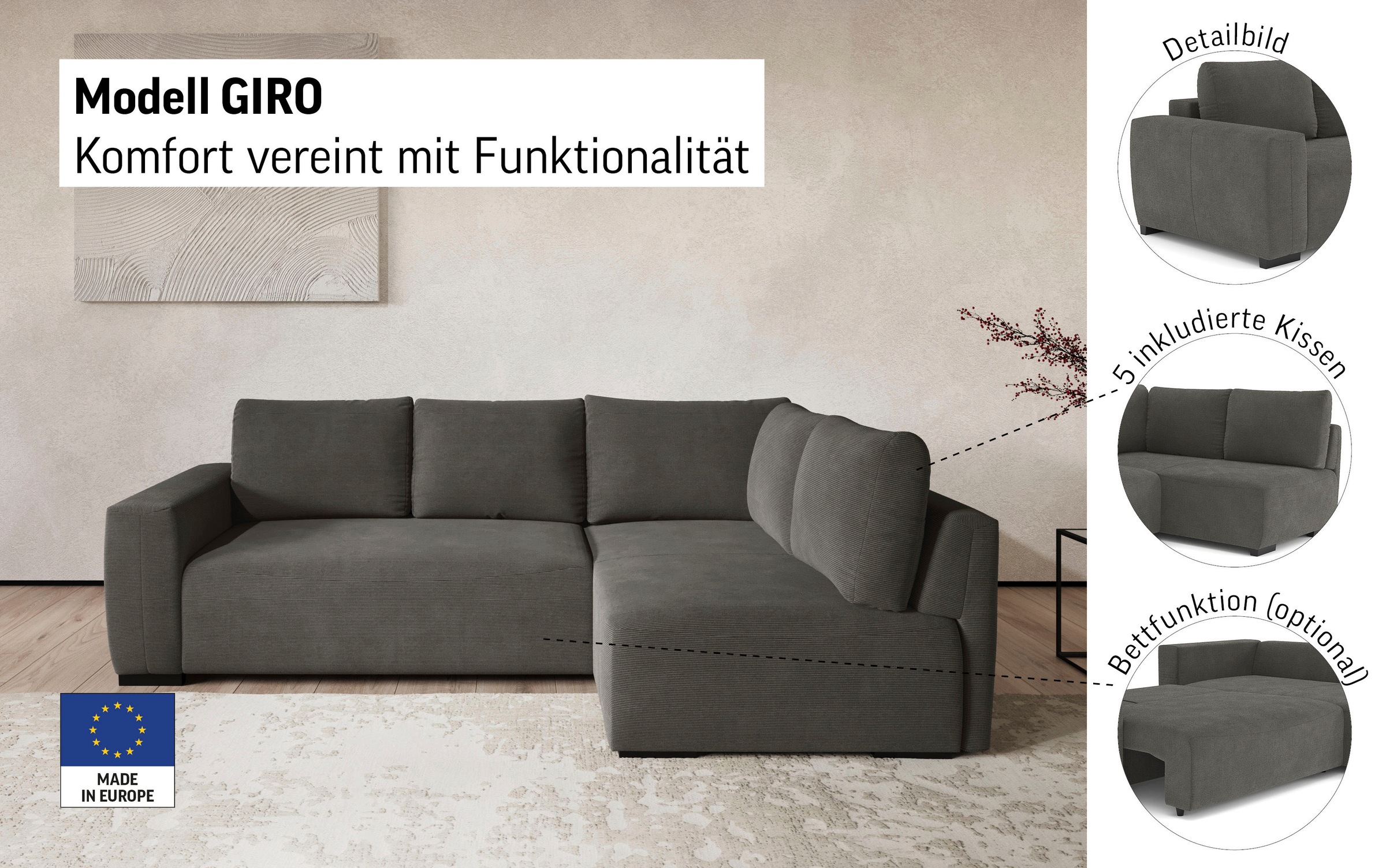 Thumbnail - COTTA Ecksofa "Giro L-Form, Ottomane, Breite 252 cm" wahlweise mit Bettkasten und Trendbezug CORD