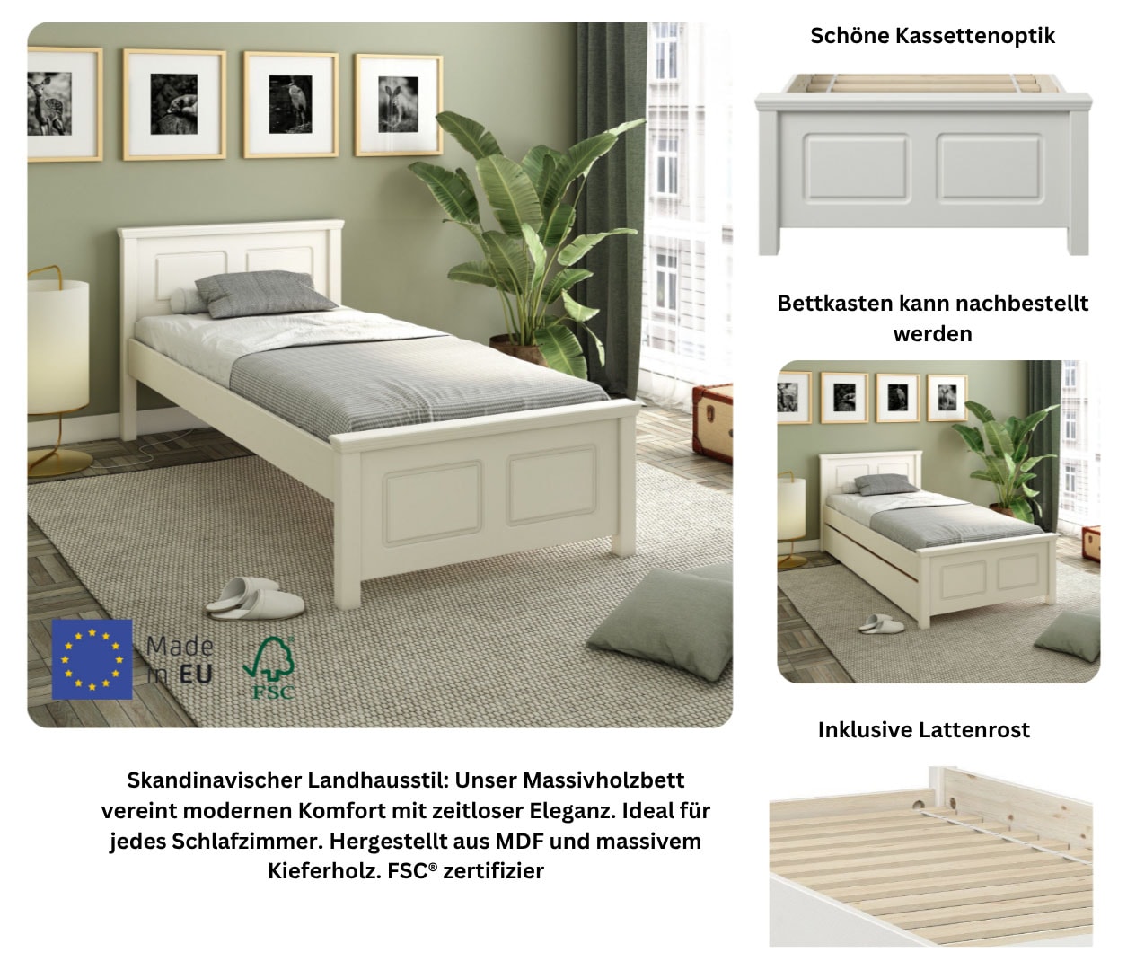 OTTO home Massivholzbett »"ERIK" , Made in Europe, optional mit Schublade, Massivholz Kiefer« FSC® zertifiziert,  in mehreren Größen, Landhausstil mit Kassettenoptik