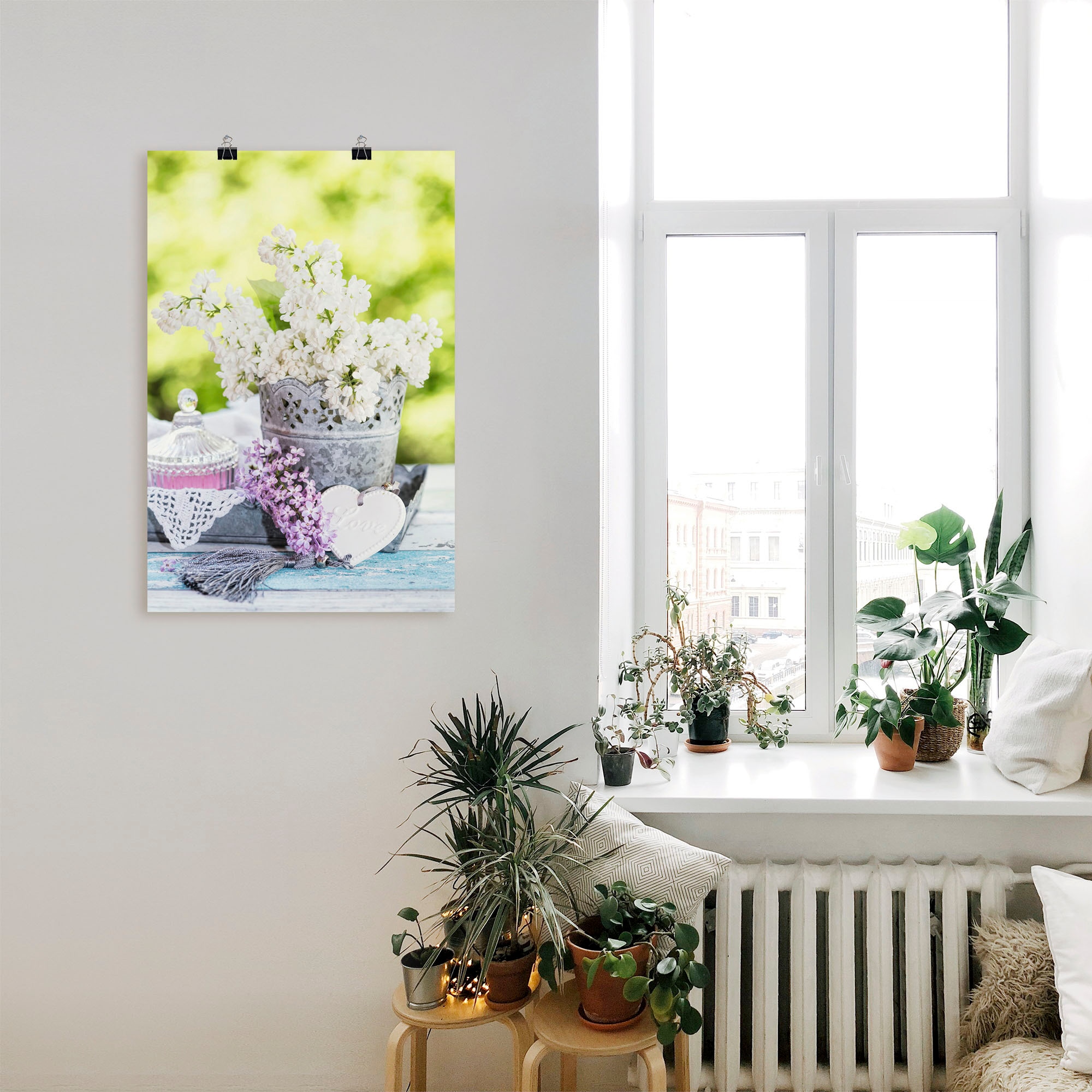 Artland Wandbild »Flieder und Shabby Chic Stillleben I«, Blumen, (1 St.), als Leinwandbild, Poster, Wandaufkleber in verschied. Größen