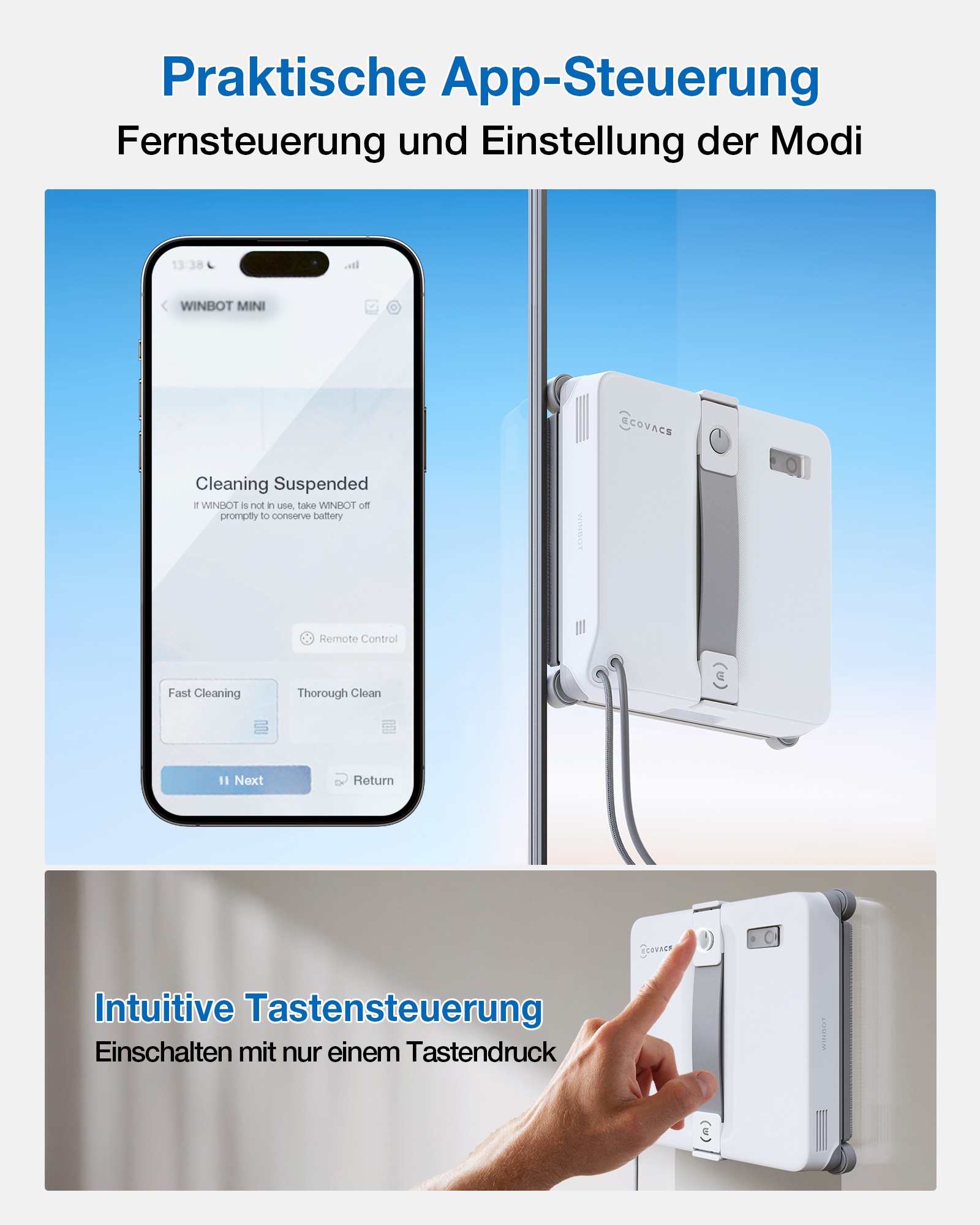 ECOVACS Fensterputzroboter »WINBOT Mini 2, inkl. Reinungslösung 230ml« 50ml Wassertank, Bürsten an allen Ecken, 3,5m Kabel