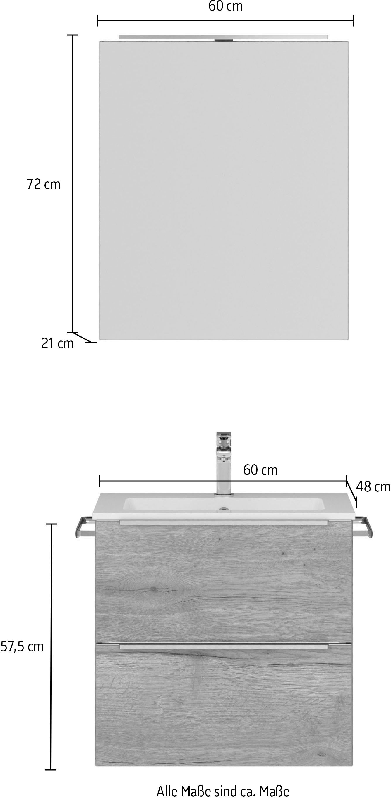 nobilia® Badmöbel-Set »Levere« vormontiert, mit Soft-Close, 2 Stk. tlg. inkl. Spiegelschrank mit Beleuchtung und Dimmerfunktion, in 4 Breiten