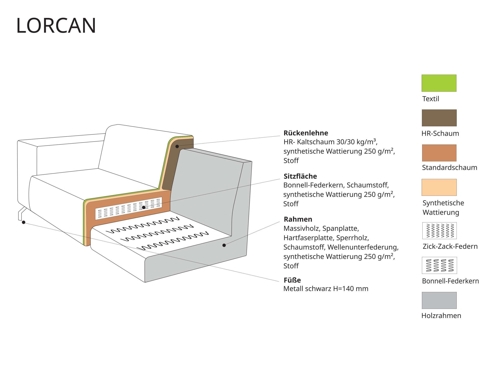 Home affaire 3-Sitzer »Lorcan 257 cm, weiches Sitzgefühl« mit schwarzen Metallfüßen, Lederoptik und in weichem Strukturstoff