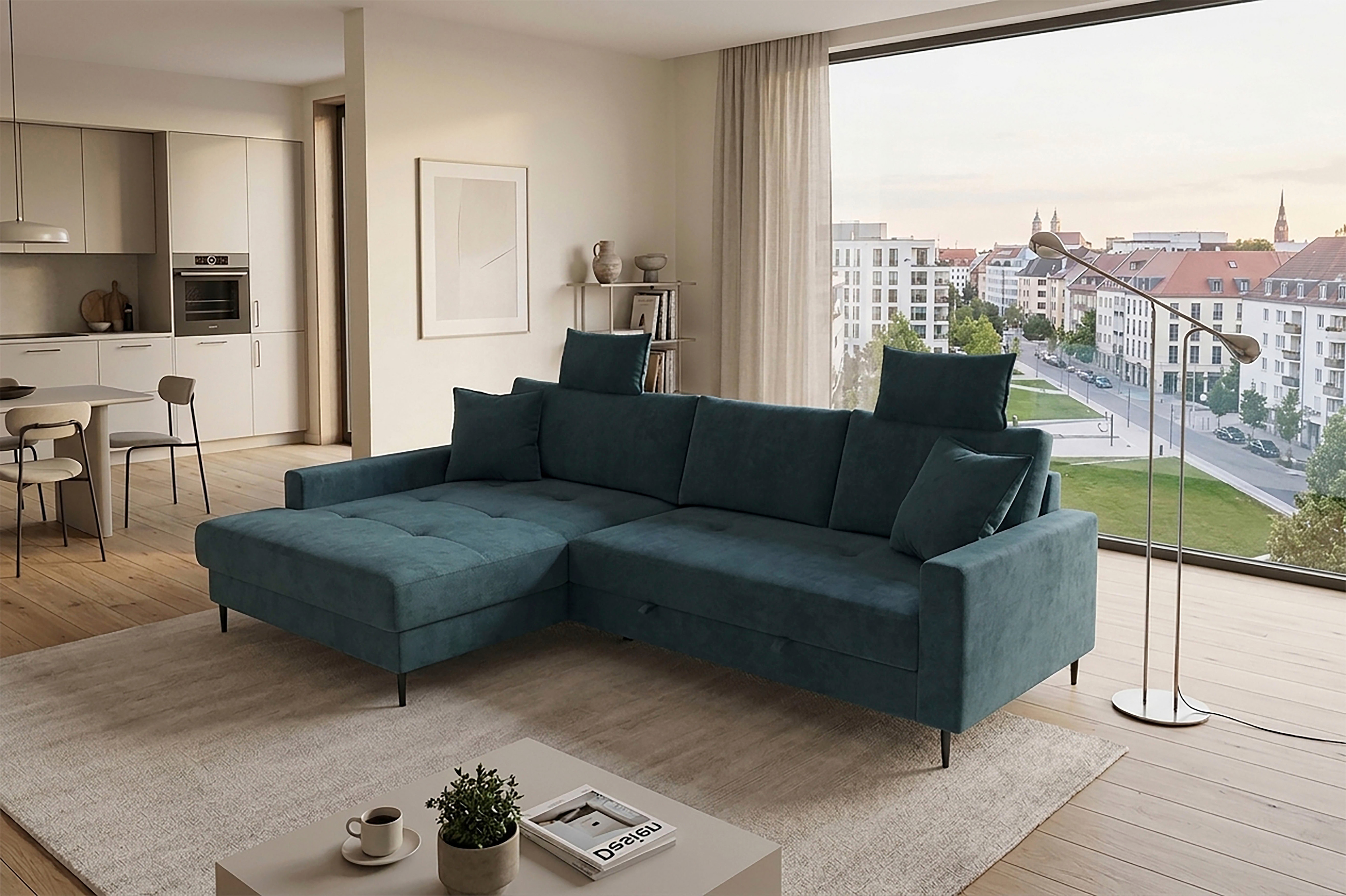 Trends by HG Ecksofa "Summer L-Form, B: 284 cm, Schlaffunktion, 2 Zierkissen" mit Kopfstützen, Wellenfederung, frei stellbar
