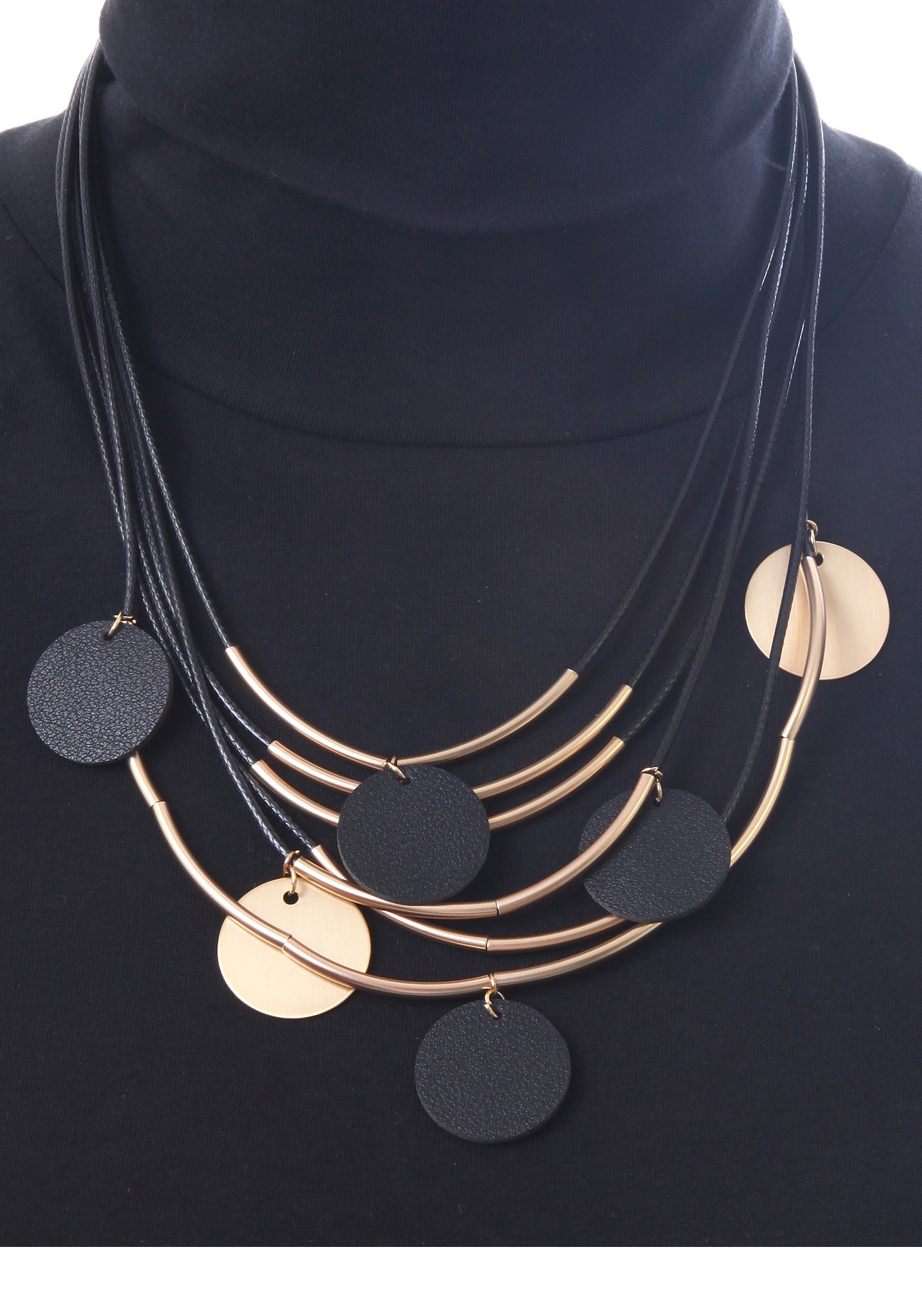 Firetti Multi-Row Disc Pendant Necklace Yellow Gold Black 55cm 2