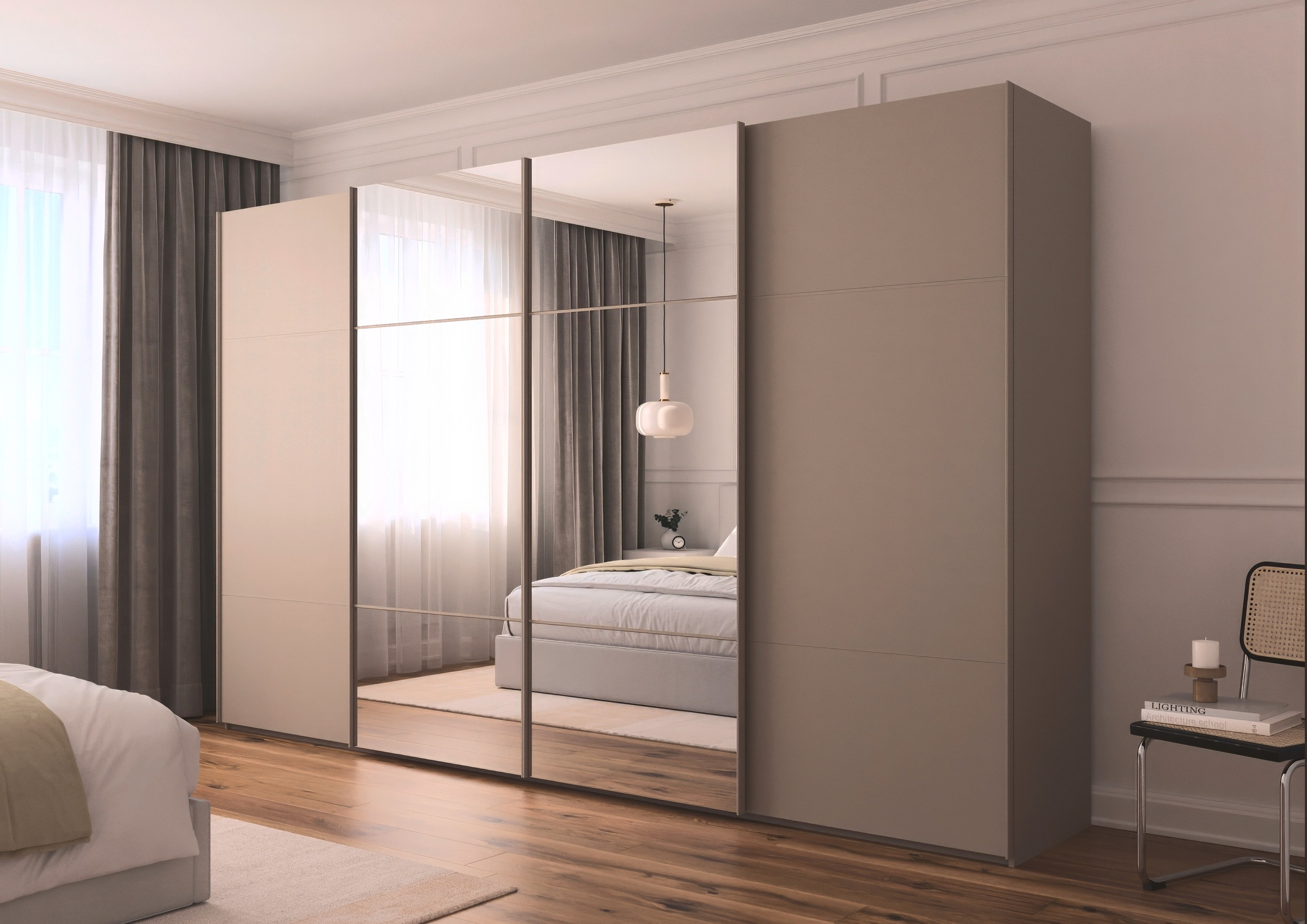 rauch Schwebetürenschrank »Kleiderschrank Schrank Garderobe Schlafzimmerschrank SCALE-TRIO«, edle dreigeteilte Front mit 2 Zierleisten und Spiegel MADE IN GERMANY