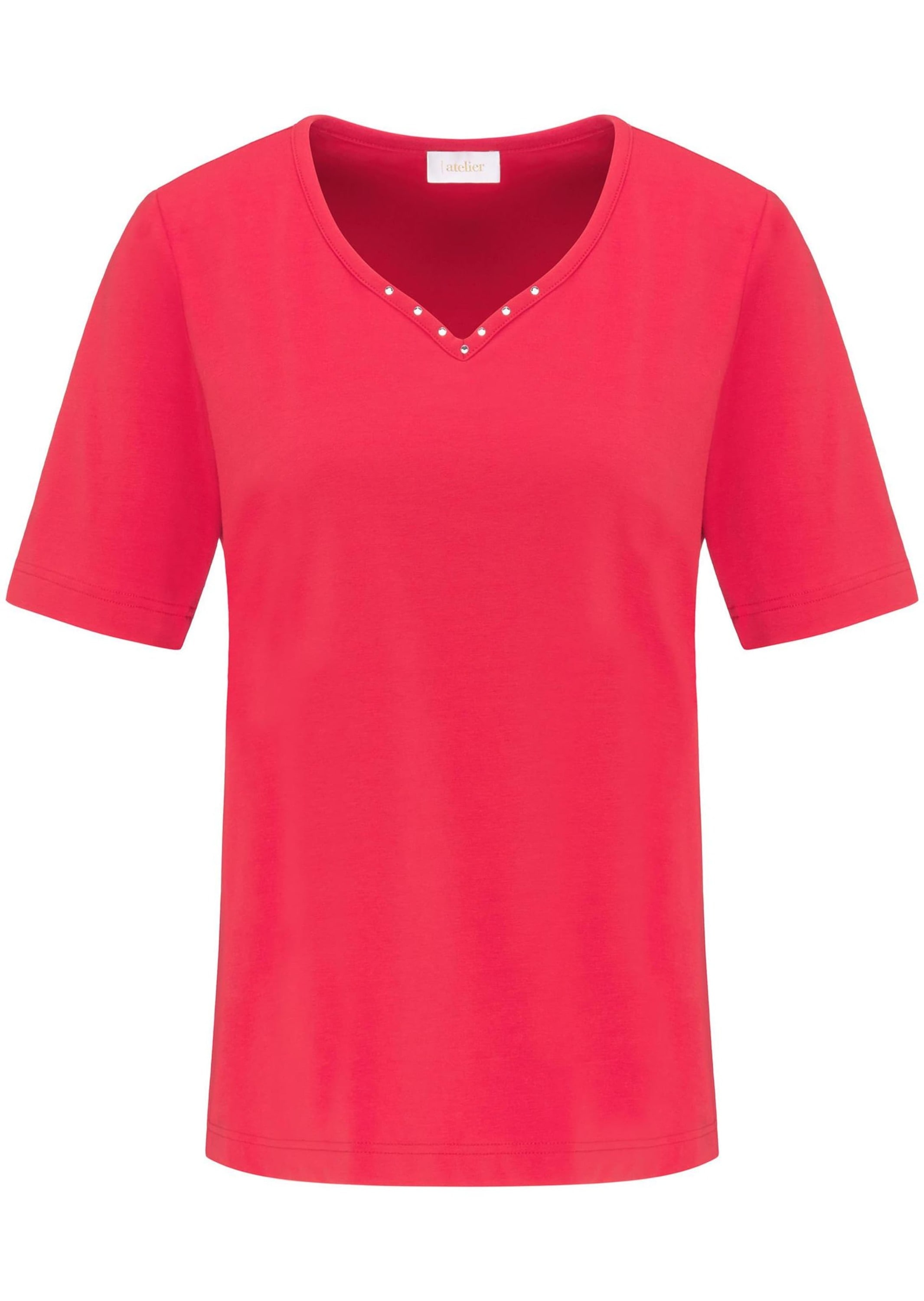 Langarm-Poloshirt GOLDNER "Halbarm Basic-Shirt aus Baumwolle", Damen, Gr. 48, rot, Obermaterial: 95% Baumwolle CO. 5% Elasthan EL., Tubular, Shirts, Ausschnitt in Herzform mit Schmucksteinen verziert