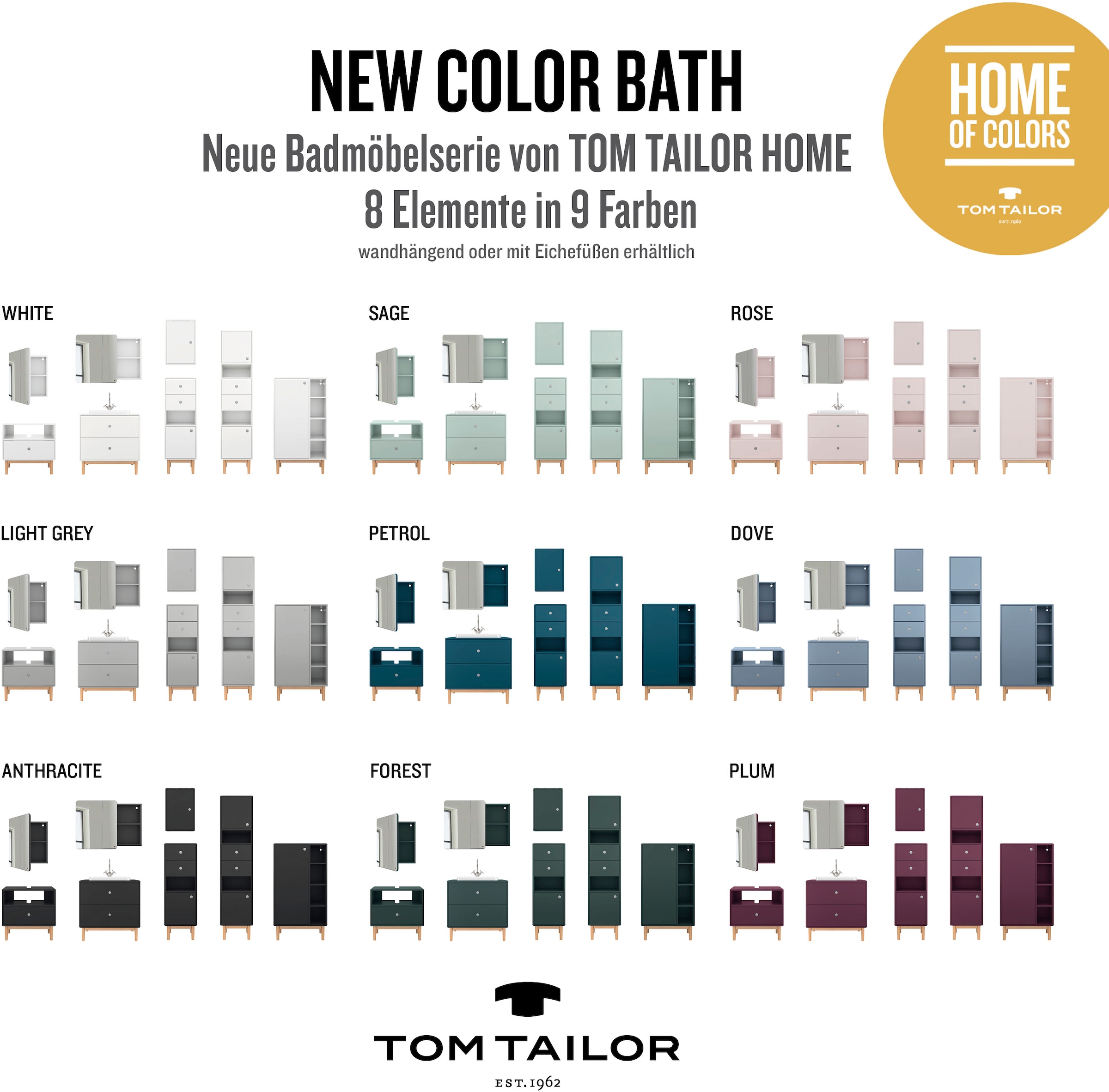 TOM TAILOR HOME Hochschrank »COLOR BATH«, mit 2 Türen & 2 Schubladen, mit Push-to-Open,Füße Eiche, Breite 40 cm