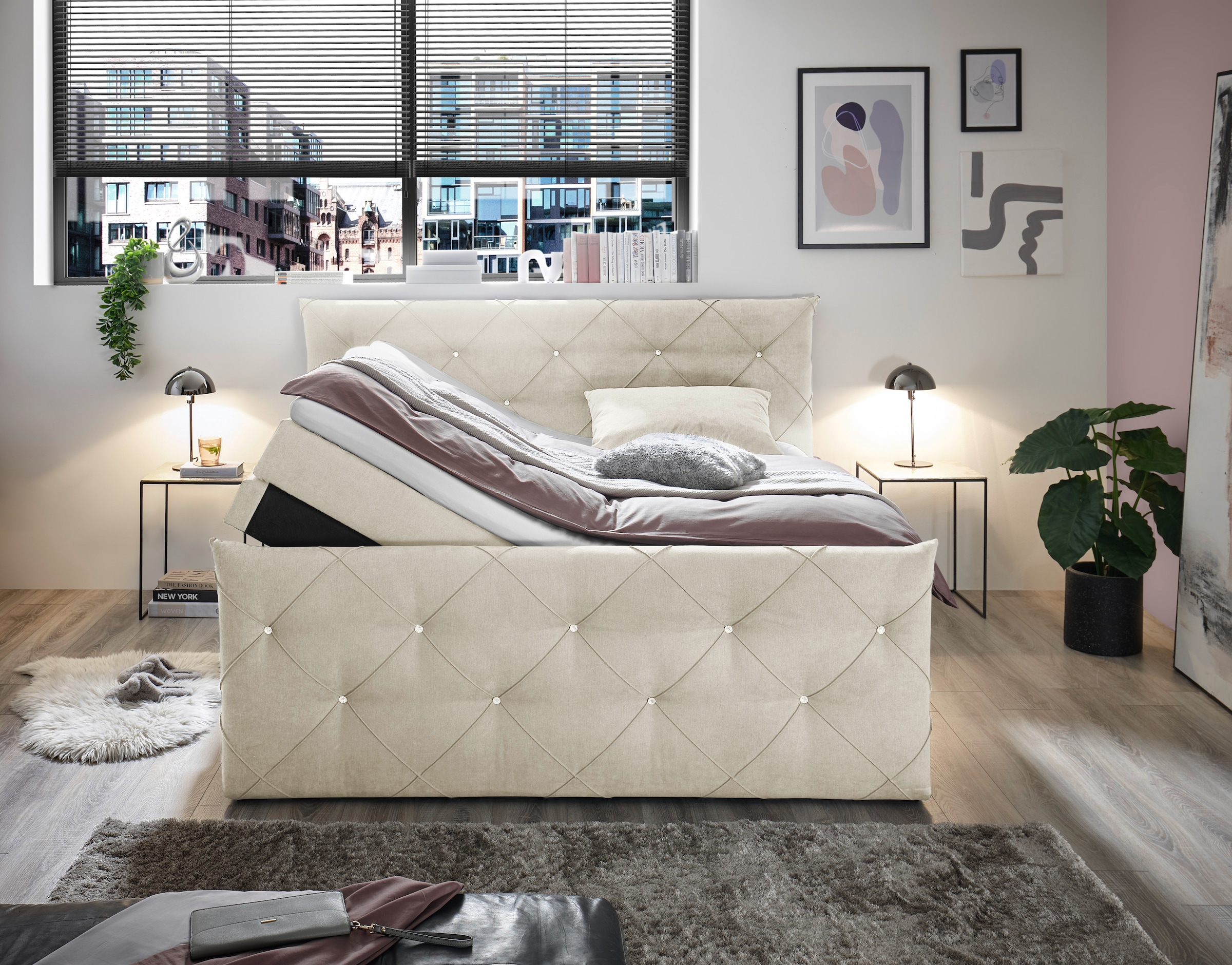 ED EXCITING DESIGN Boxspringbett »Villano«, mit Strasssteinen, Breite: 180cm, mit Bettkasten, inkl. Topper