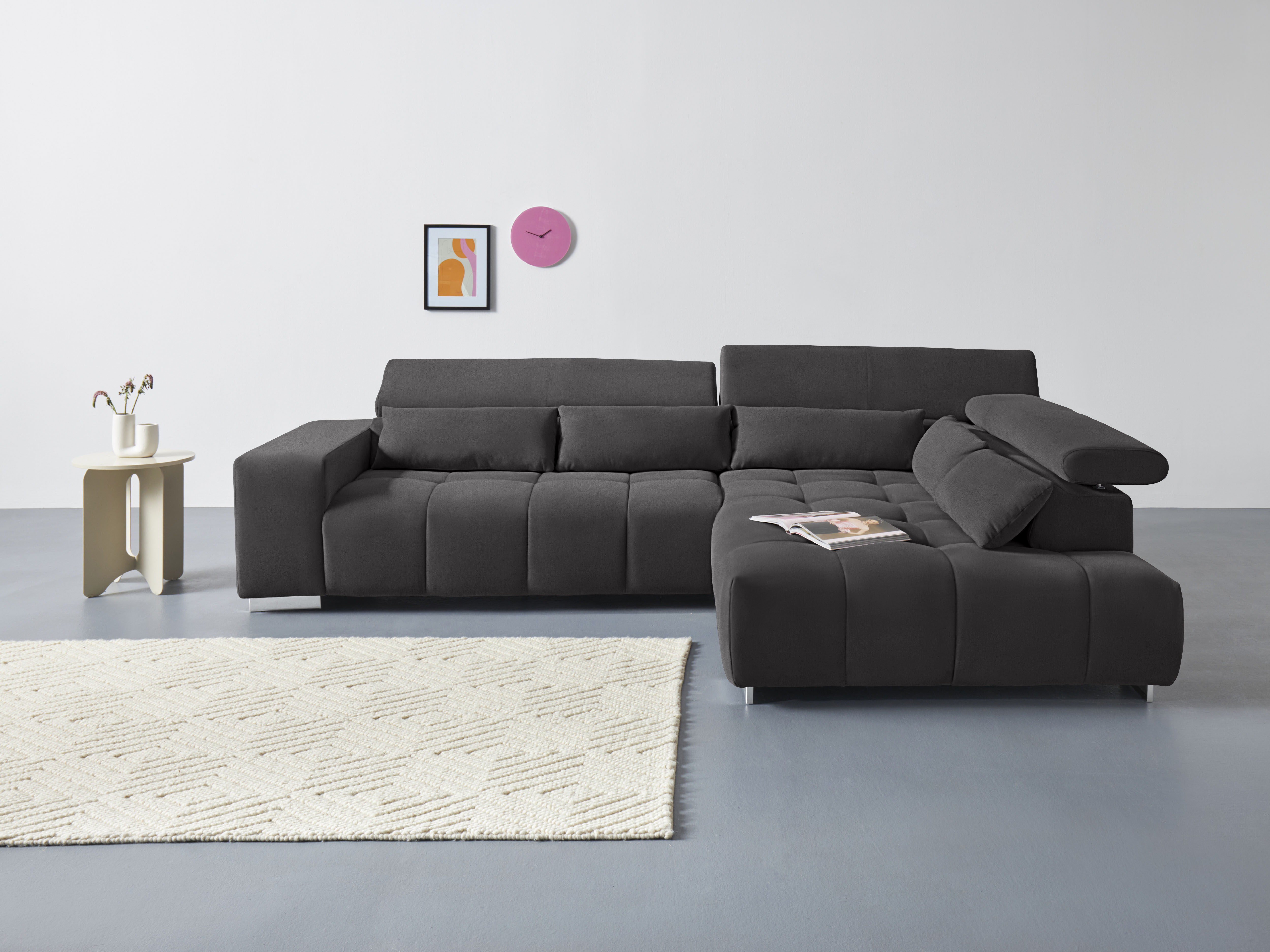 COTTA Ecksofa "Orion L-Form, B: 310 cm, moderne Steppung, bequeme Wellenunterfederung" Kopfteilverstellung & 5 Nierenkissen
