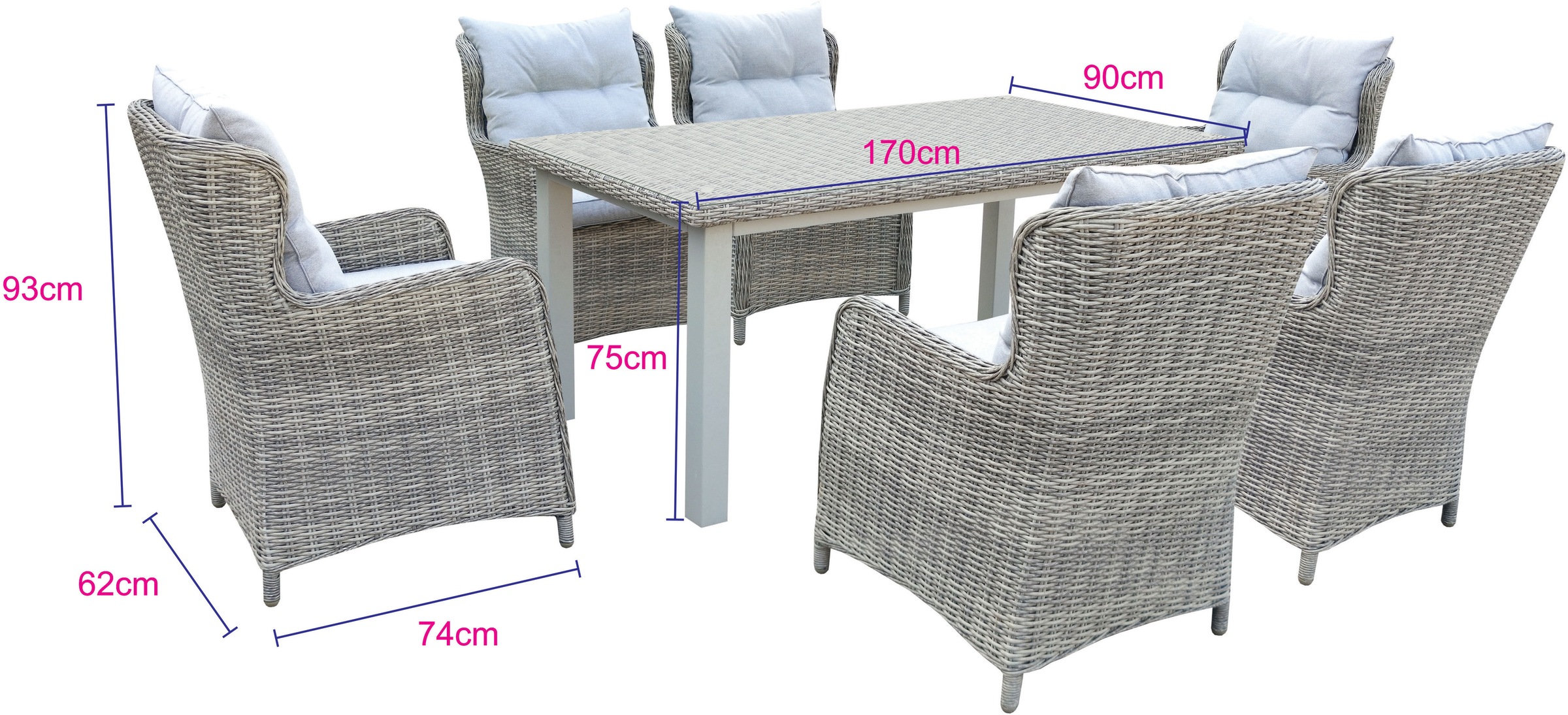 KONIFERA Garten-Essgruppe »Seattle«, (Set, 19 tlg., 6x Sessel, 1xTisch 170x90 cm, inkl. Auflagen, Polyrattan, Aluminium), Tischbeine aus Kieferholz, Tischplatte aus 5mm starkem Sicherheitsglas