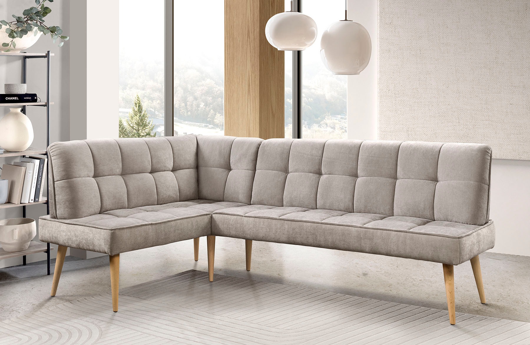 Eckbank EXXPO - SOFA FASHION "Latte", sand, B:234cm H:95cm T:156cm, 100% PES, Sitzbänke, Eckbank, moderne Sitz- und Rückensteppung, bequem und elegant, hoher Holzfuß
