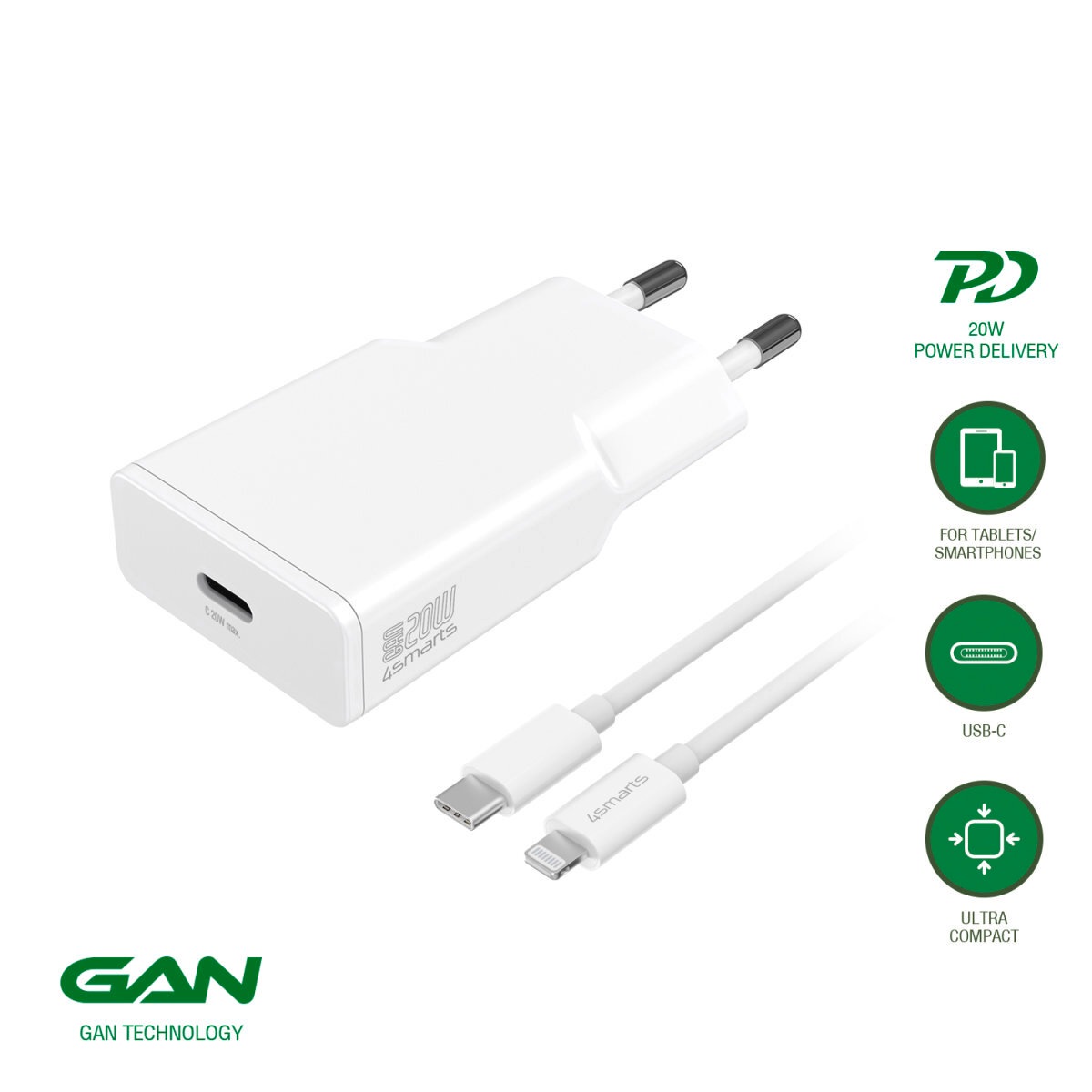 4smarts USB-Ladegerät »Set PDPlug Slim 20W GaN 1C + USB-C auf Lightning Kabel«