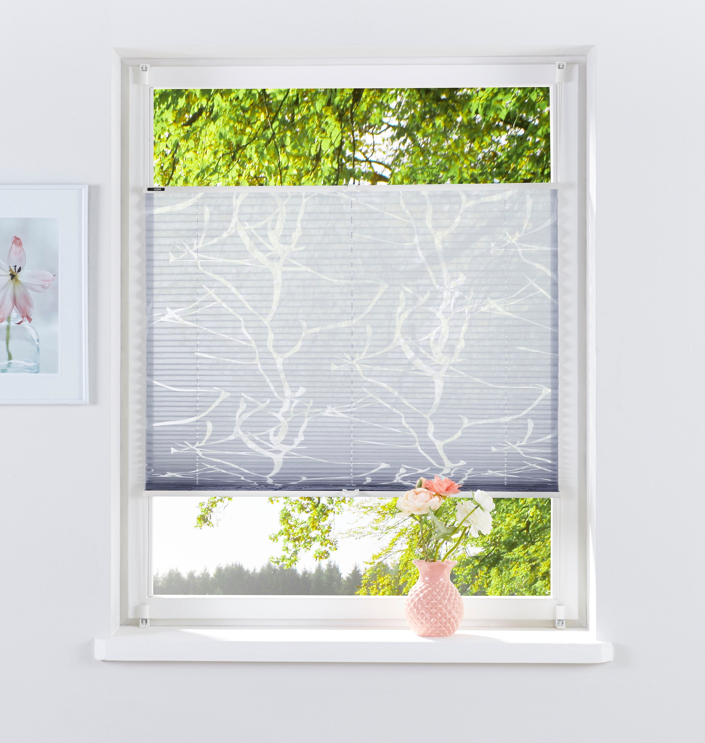 OTTO home Plissee "Anna" Lichtschutz ohne Bohren verspannt transparentes Ästemotiv, Bestseller, Für Fenster & Tür, Sonnenschutz