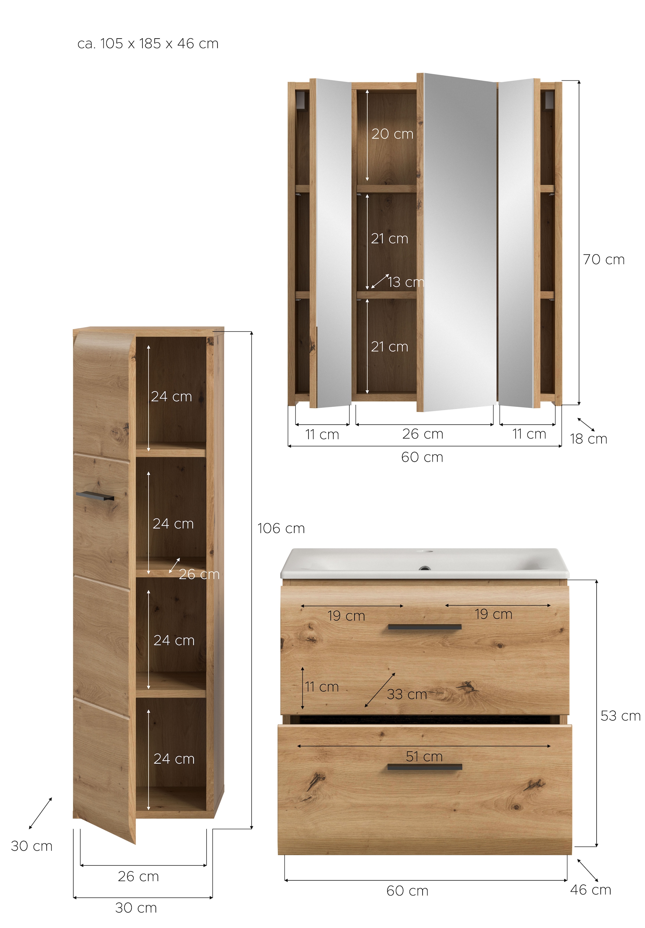 INOSIGN Badezimmer-Set, (Set, 4 St.), Florenz, Badkombination 4-tlg.,Artisan Oak NB, inkl. Waschbecken