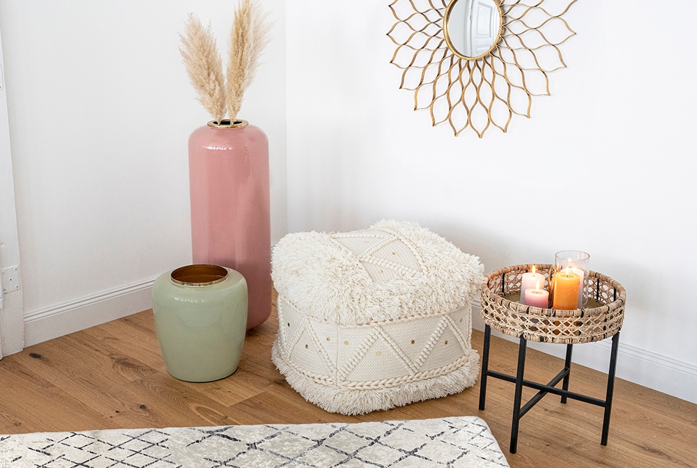 Kayoom Pouf "Bohist 525 50cm x 50cm, Strukturen mit Fransen und Quasten" 1 Stk. tlg. handgefertigt, Unikat, sehr gut kombinierbar, vielfältig im Einsatz