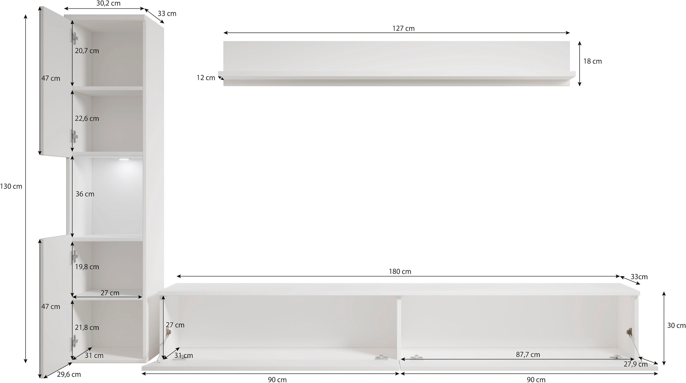 INOSIGN Wohnwand »PARIS, Vitrine Türanschlag links/rechts wechselbar«, (Komplett-Set, 3 St.), grifflose Design, stehend und hängend montierbar