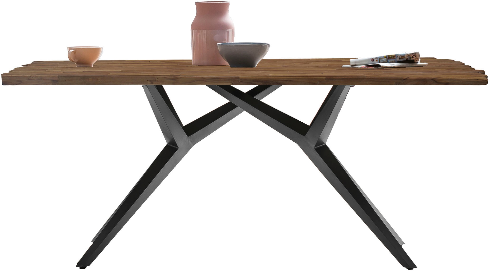SIT Esstisch "Leiria aus Teak mit 50-mm-Platte & extravagantem Metallgestell" 50-mm-Teakplatte mit markanter Bruchkante an den kurzen Seiten