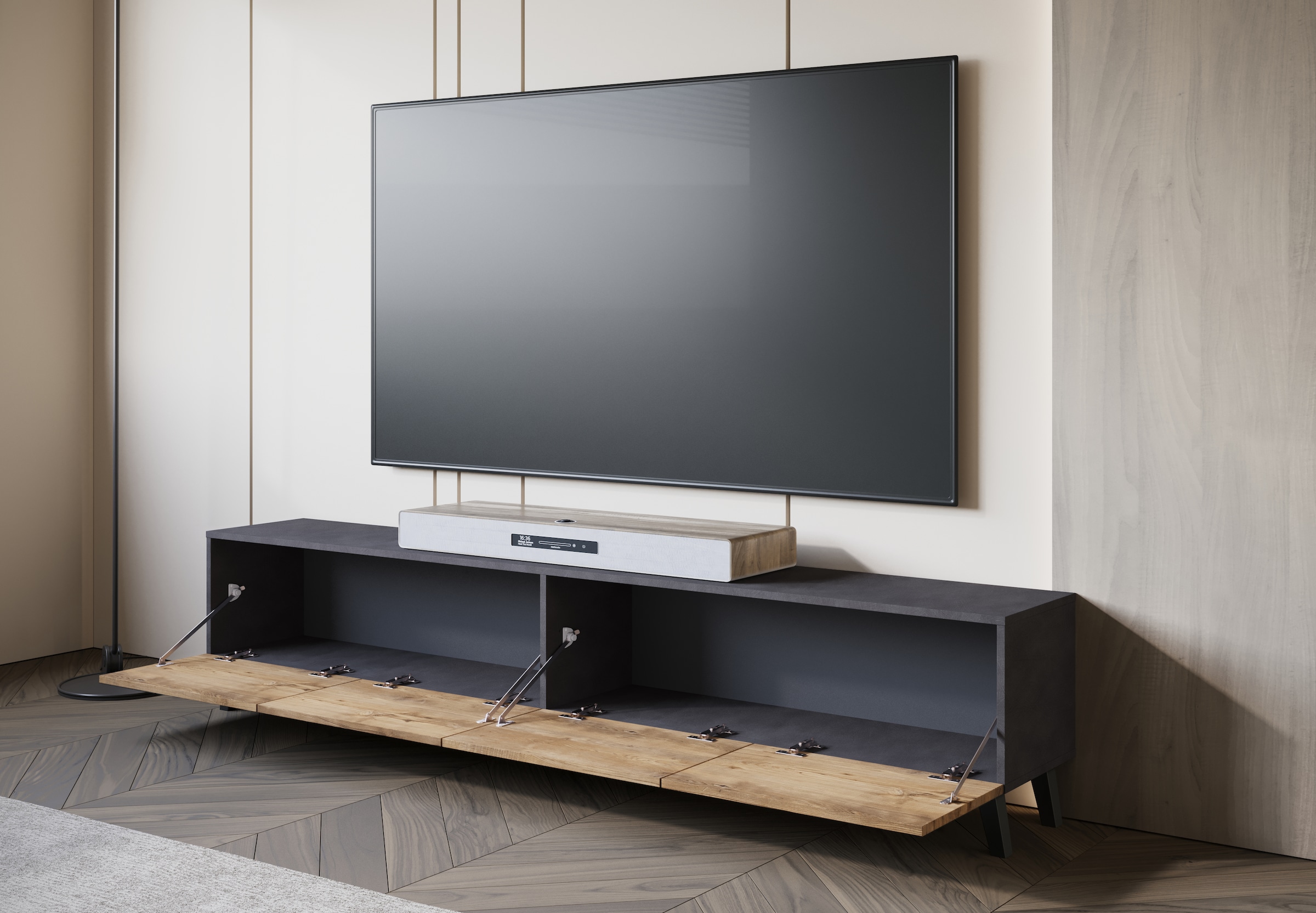 Home affaire Lowboard »LOWBOARD PHUKET II,  TV-Kommode Breite 190cm« 1 Stk. tlg. Modernes, griffloses Design mit 4 Klappen in eleganten, matten Farben