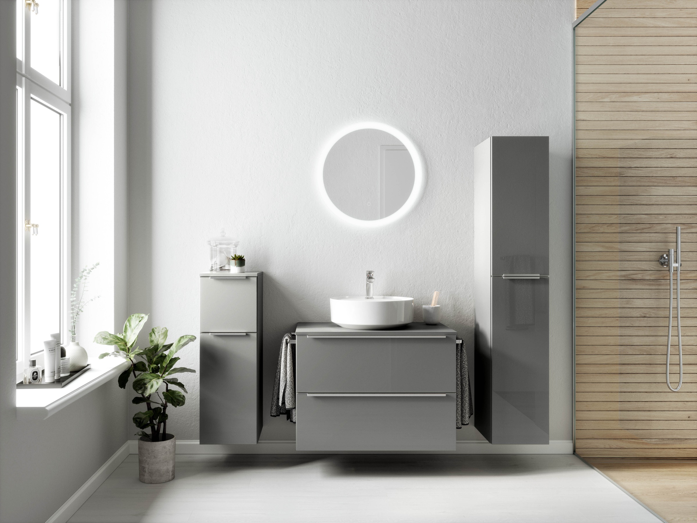 nobilia® Badmöbel-Set »Alvene«, (4 St., vormontiert, mit Soft-Close), Hochglanz, inkl. Spiegel mit Touch-Sensor, in vier Breiten