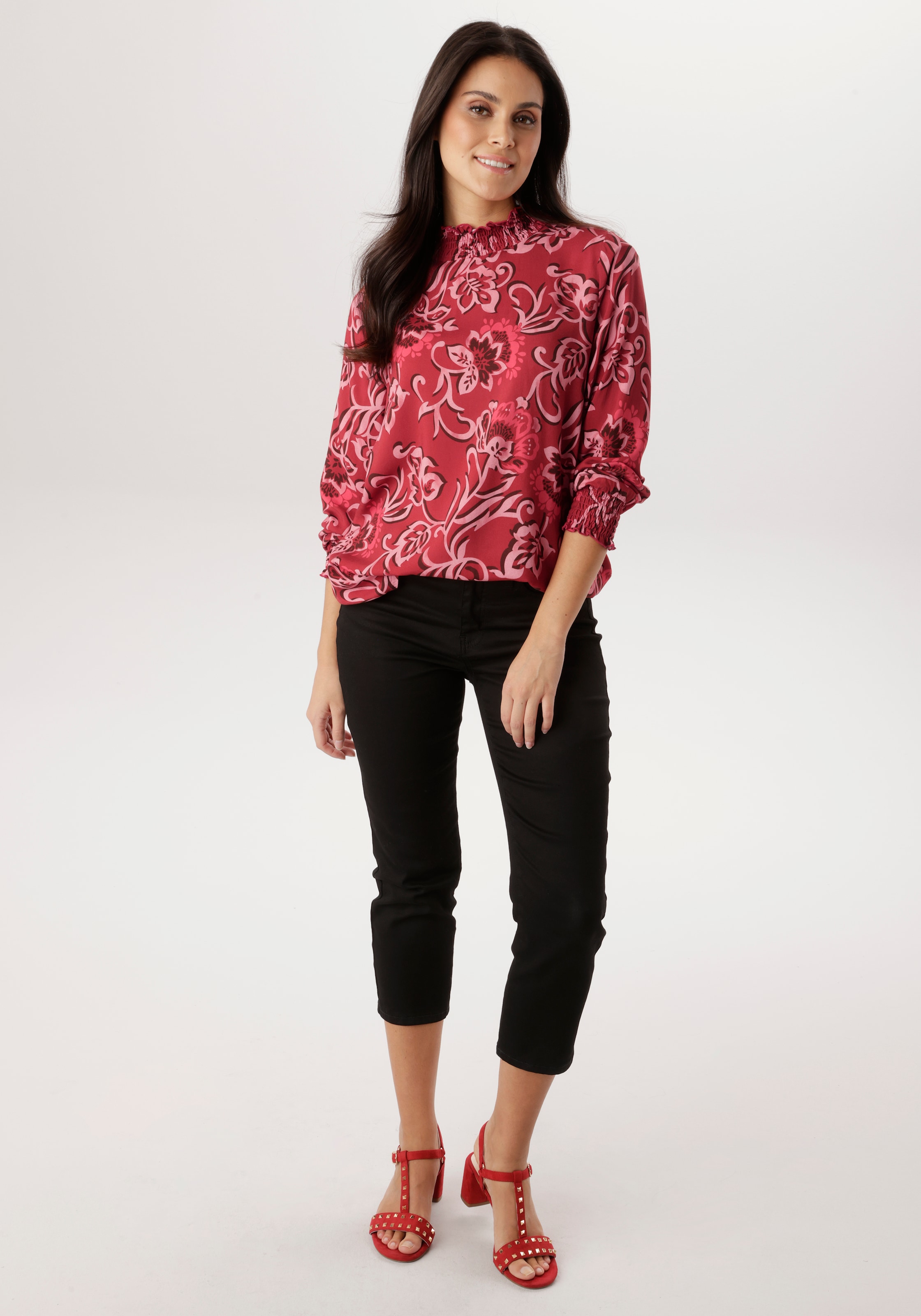 Aniston SELECTED Schlupfbluse mit Blüten- und Blätterdruck und Smok-Einsätzen - NEUE KOLLEKTION