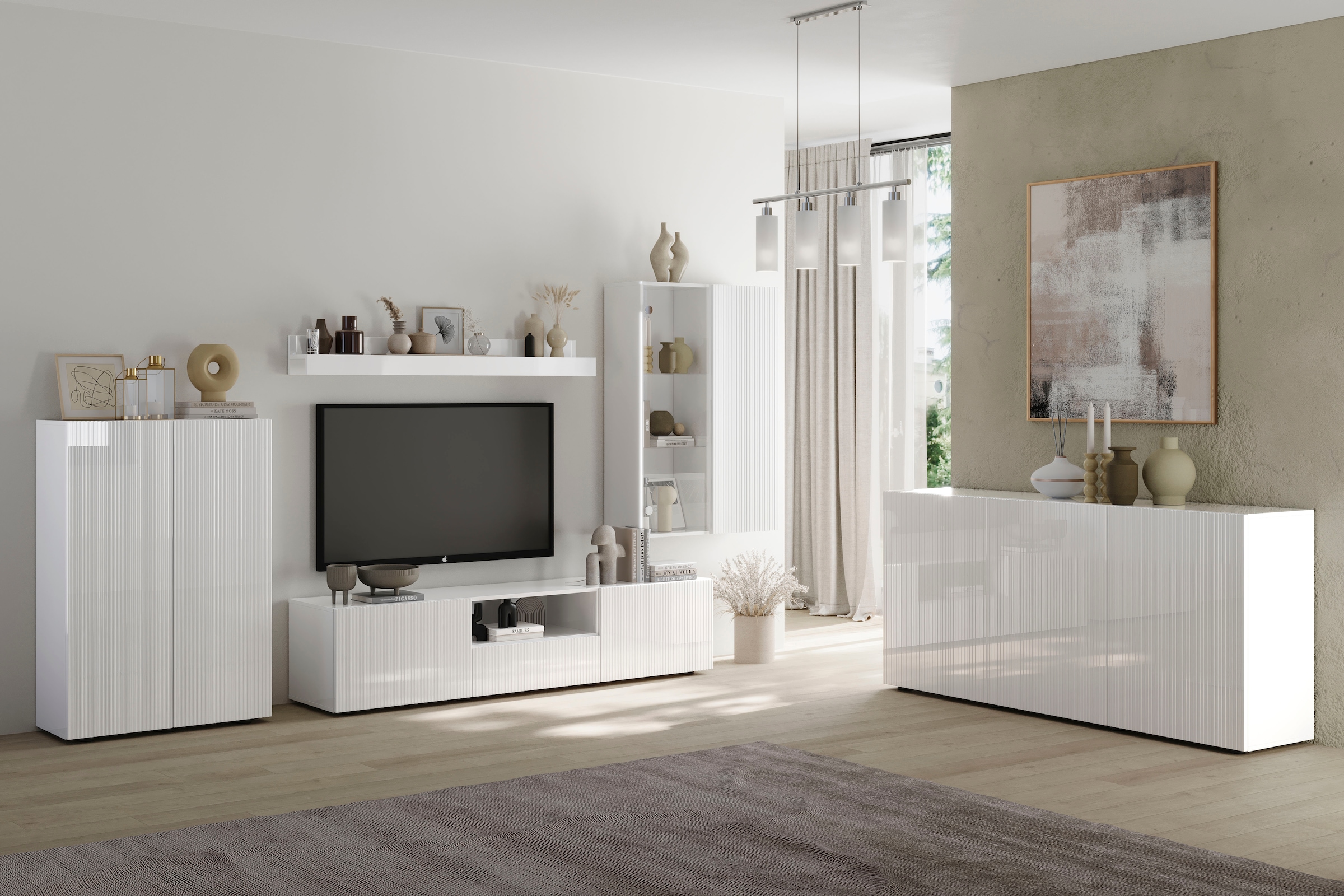 INOSIGN Wohnwand »Rio, 4tlg. Breite 300 cm, modernes, elegantes Wohnzimmer-Set«, (4 St.), (Lowboard, Highboard, Hängevitrine, Wandboard), MDF-Fronten geriffelt