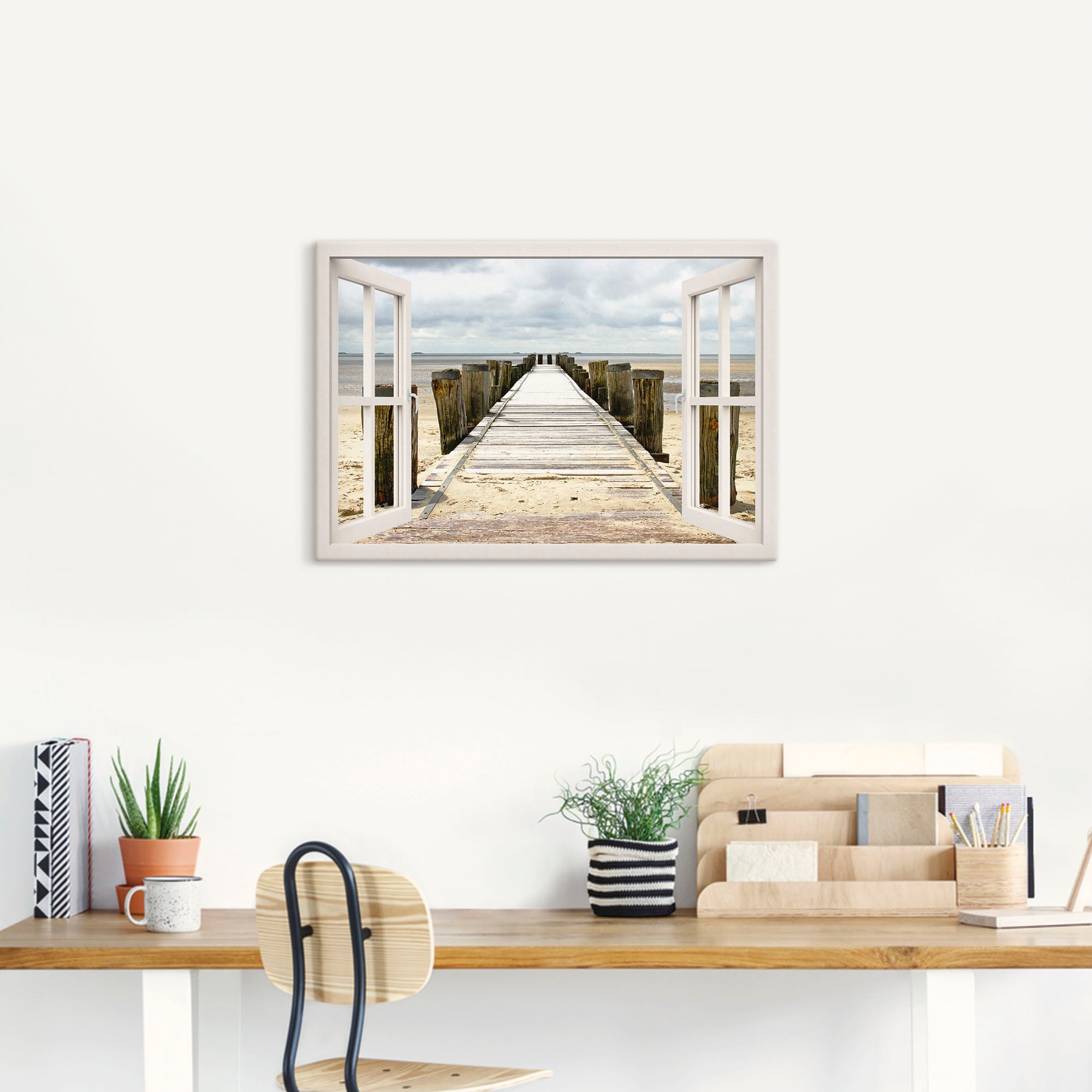 Artland Wandbild »Fensterblick - Steg ins Watt«, Fensterblick, (1 St.), als Leinwandbild, Wandaufkleber in verschied. Größen