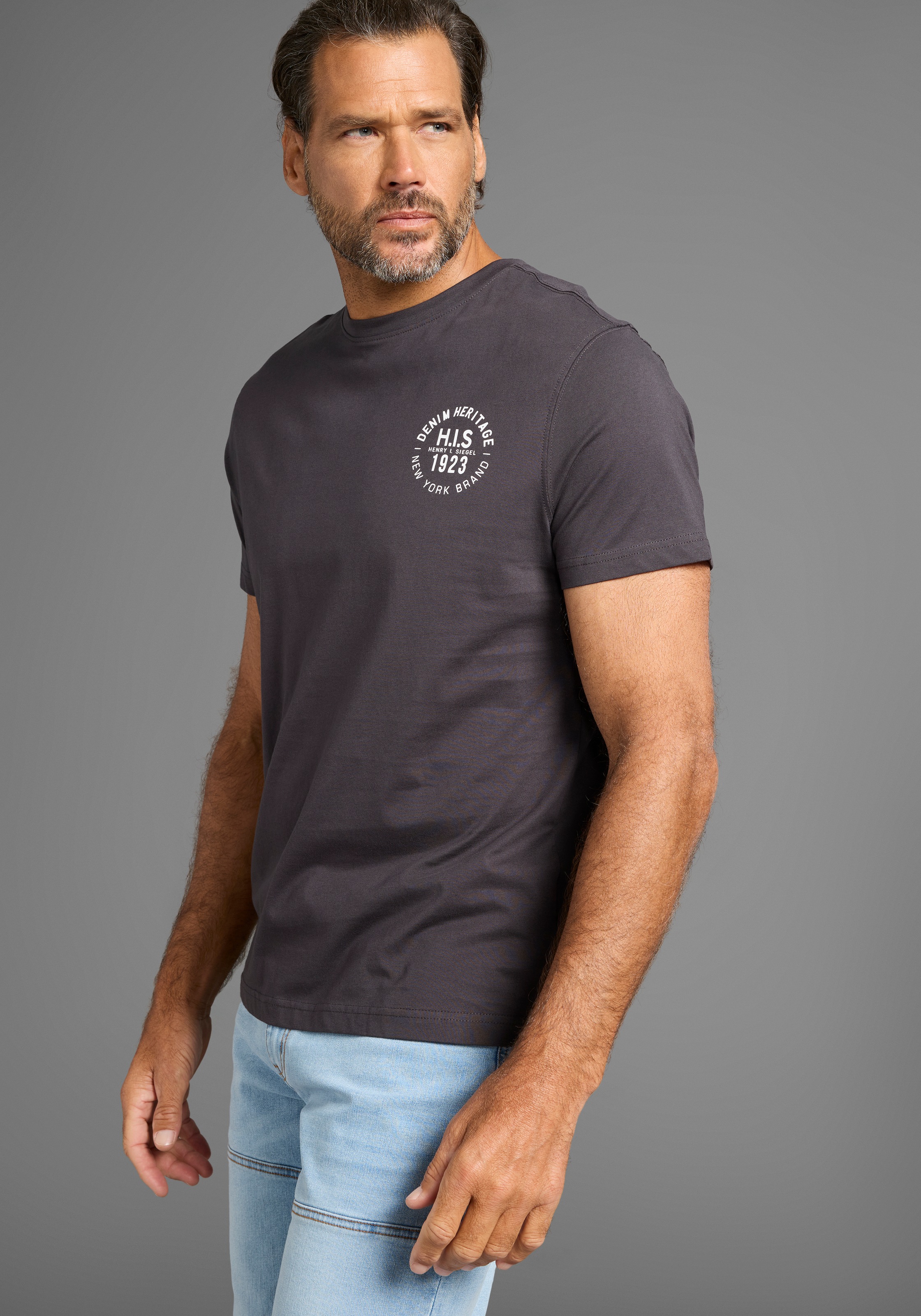 T-Shirt H.I.S, Herren, Gr. L (52/54), grün (khaki, anthra, beige), Single Jersey, Obermaterial: 100% Baumwolle, bedruckt, schmal, Rundhals, gerader Abschluss, Shirts T-Shirt, schmal geschnitten, bedrucktes Design, aus 100% Baumwolle 3