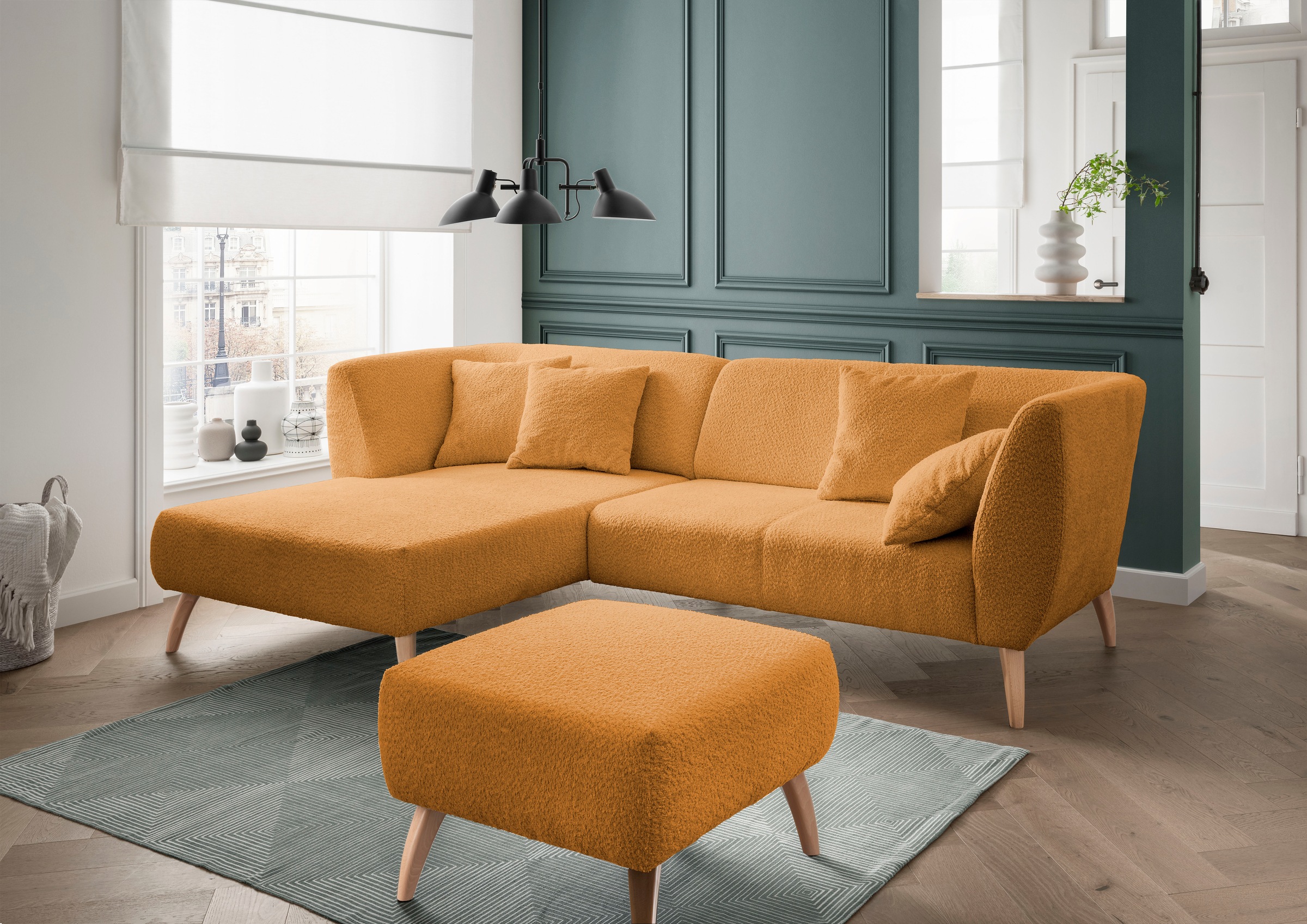 Ecksofa HOME AFFAIRE "Colori Polstermöbel mit zeitlos eleganter Rückenführung. L-Form", gold, B:264cm H:80cm T:160cm, 100% Polyester, Sofas, Ecksofa, Holzfußfarbe wählbar, inkl. 4x Zierkissen 10