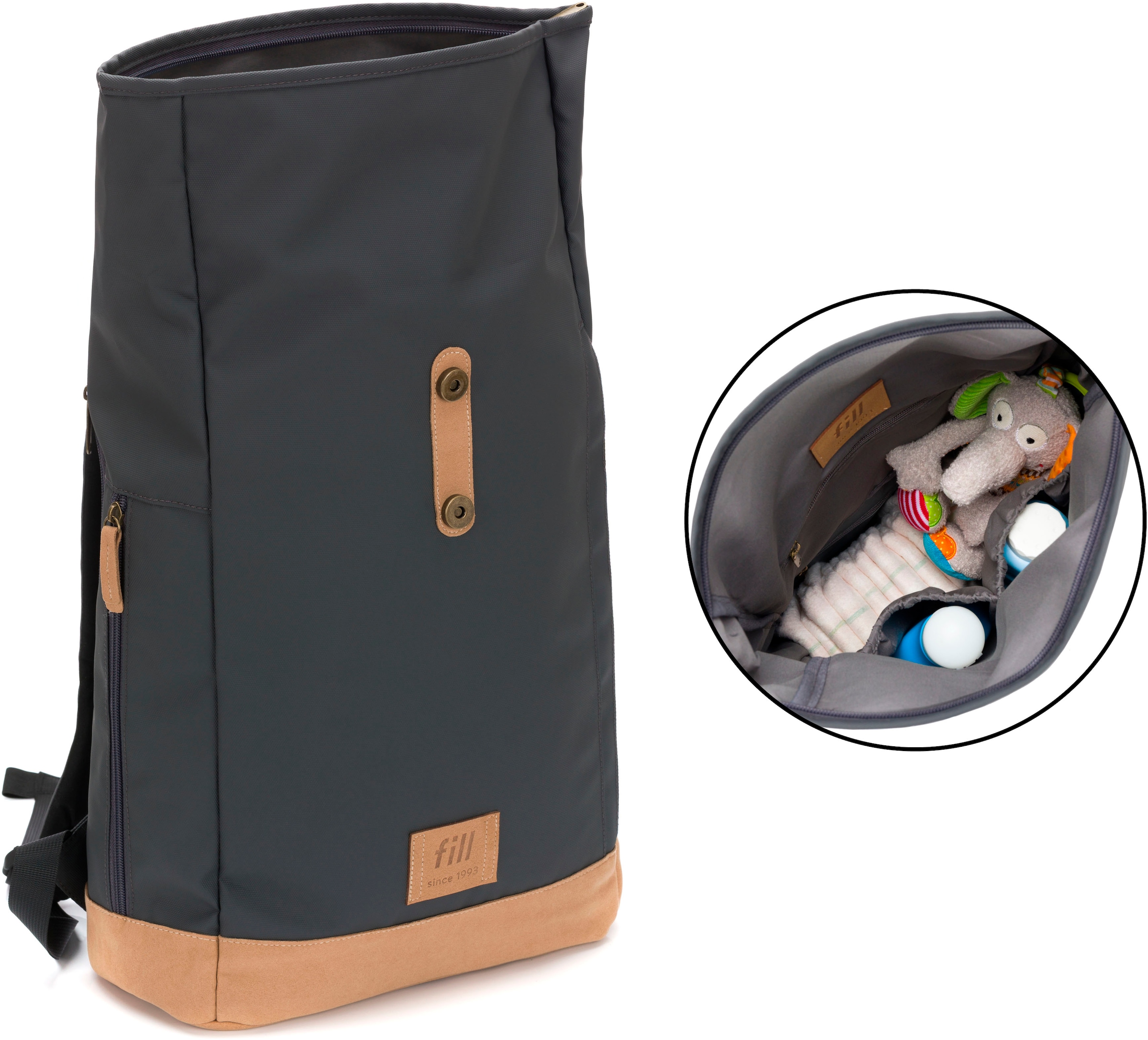 Fillikid Wickelrucksack »Rolltop Berlin stone grey«, Reflektoren, inkl. Wickeltunterlage