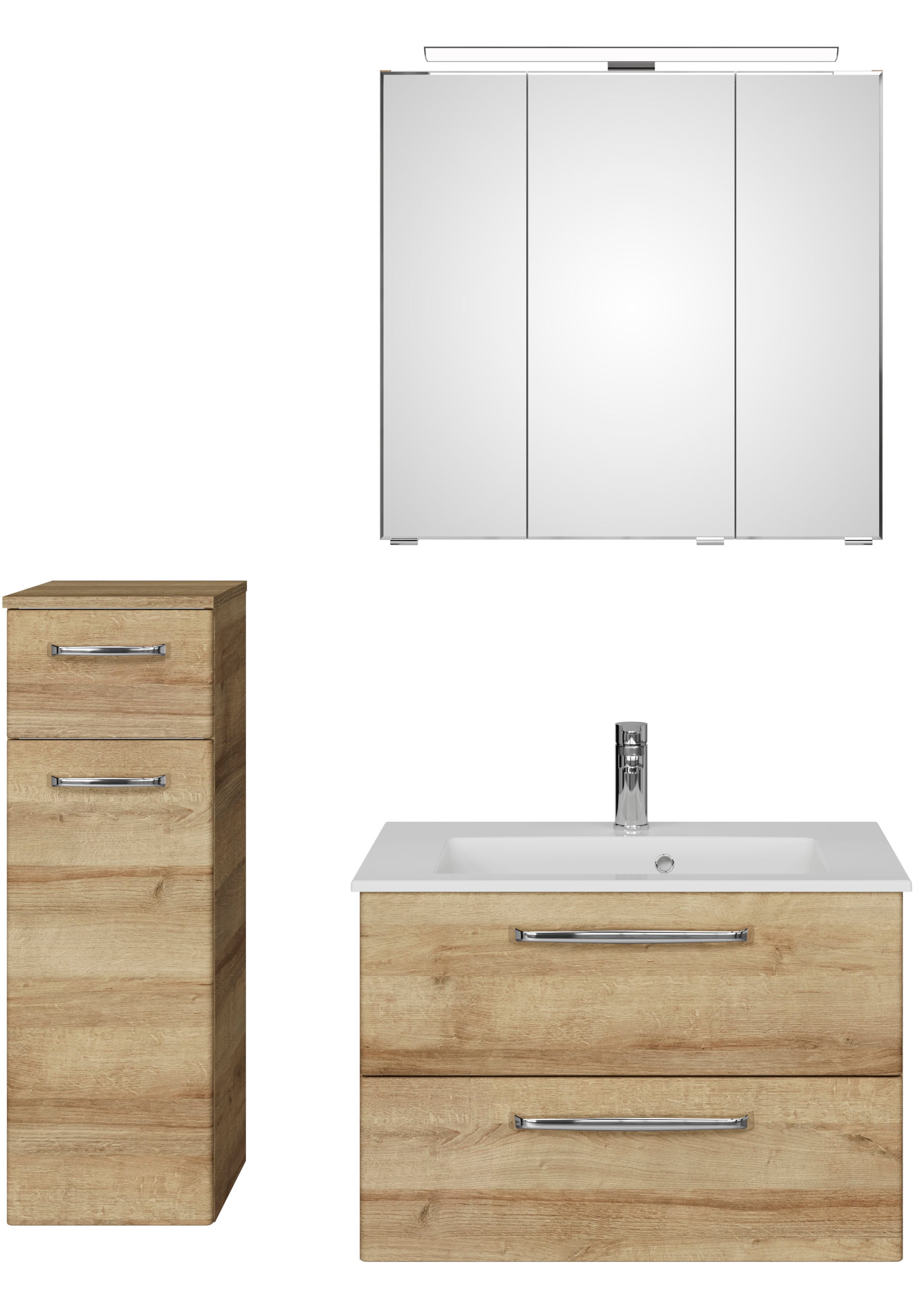 Saphir Badmöbel-Set »Badmöbel-Set Trentino 3-tlg Mineralmarmorwaschtisch LED-Spiegelschrank«, (4 St.), Badezimmer-Set mit Unterschrank inkl. Türdämpfer