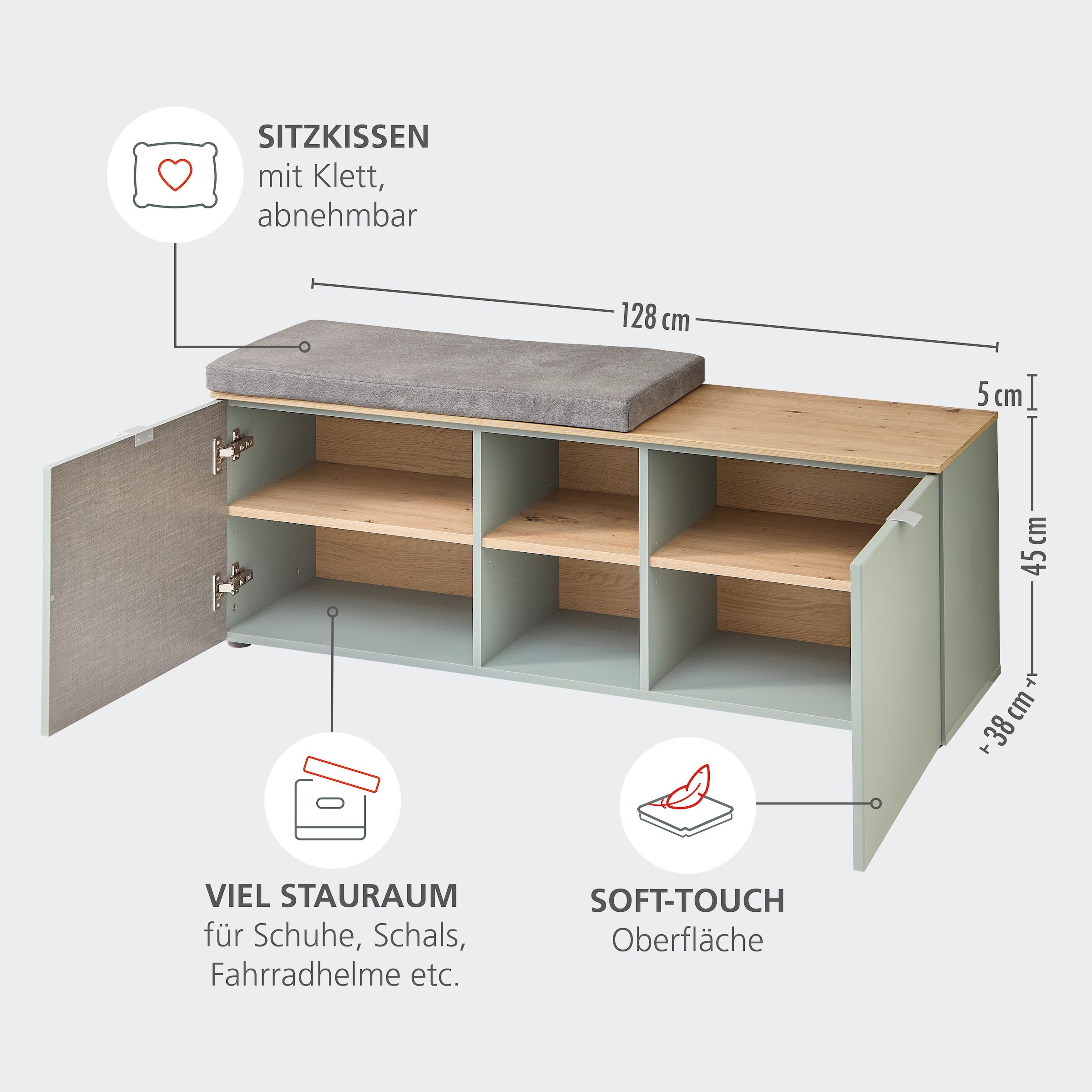 Innostyle Schuhschrank »Bari Schuhbank inkl. Sitzkissen, BxHxT 128x50x38 cm«, (1 St.), 2 türig, 6 Fächer, Softclose, ABS Kantenschutz
