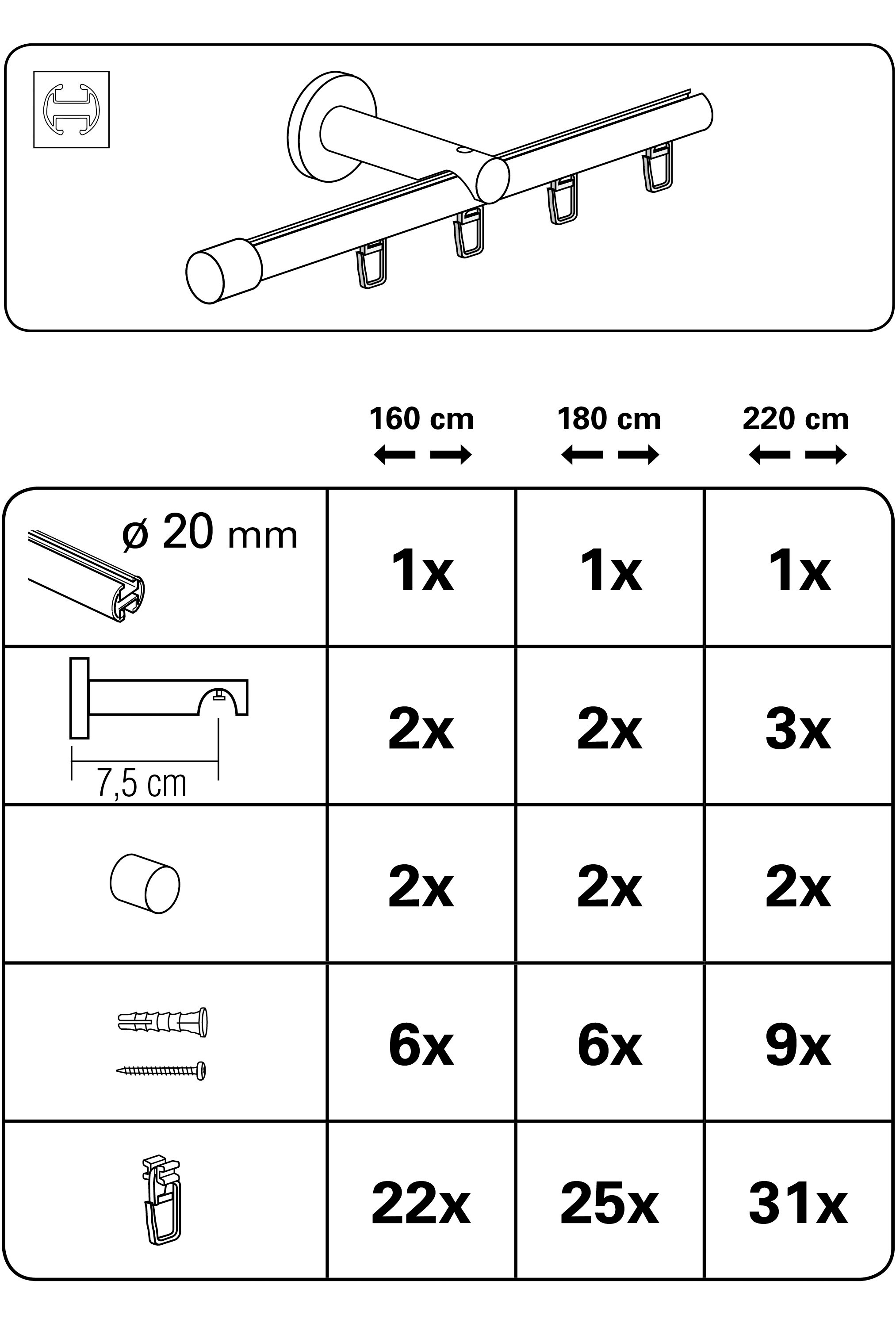 GARDINIA Gardinenstange »Set Isa 1-Lauf mit Innenlauf II«, 1 läufig-läufig, mit Bohren, Wandmontage, Metall, Komplettes Gardinenstangen-Set
