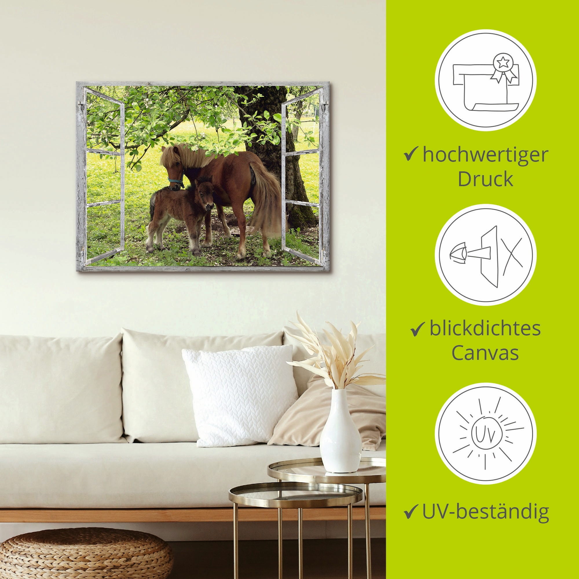 Artland Wandbild »Fensterblick - Pony mit Kind«, Haustiere, (1 St.), als Leinwandbild, Poster, Wandaufkleber in verschied. Größen