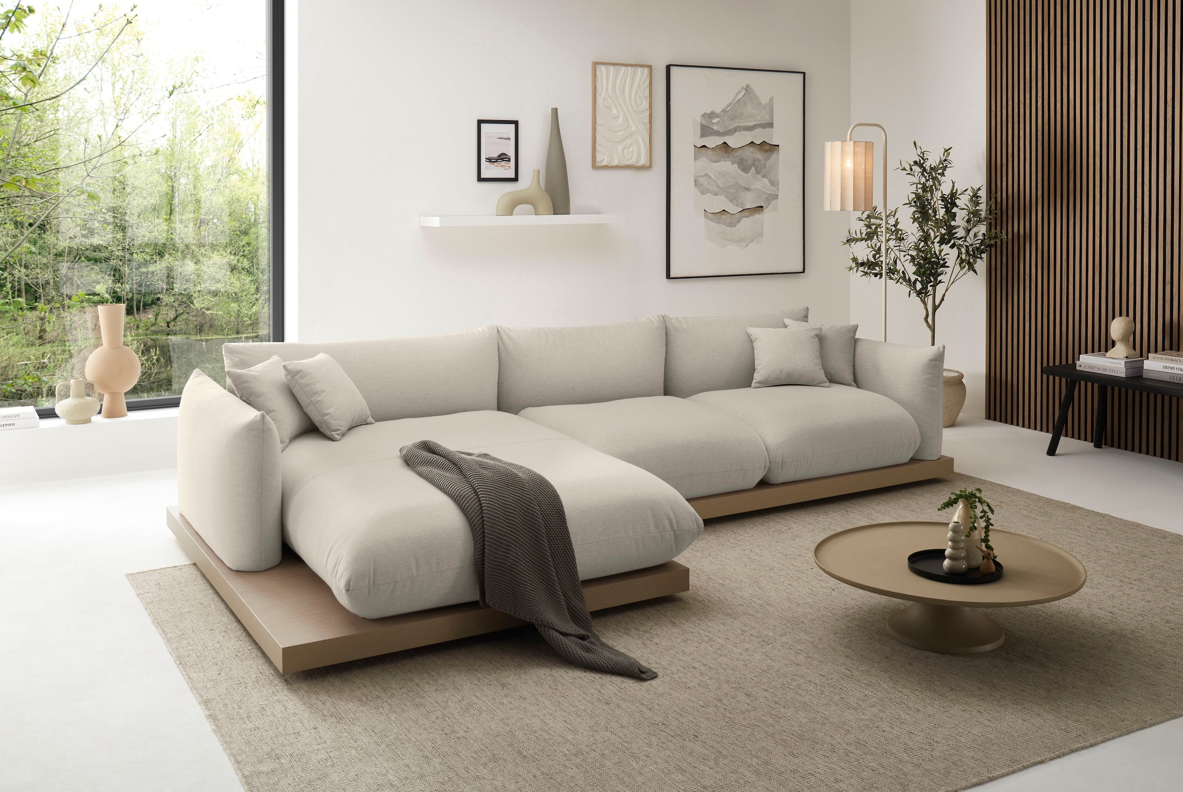 OTTO home Ecksofa »Kalix, Polsterecke mit kräftigem Holz-Plateau, moderne Couch in L-Form«, wahlweise Recamiere links o. rechts, Strukturstoff, hoher Sitzkomfort