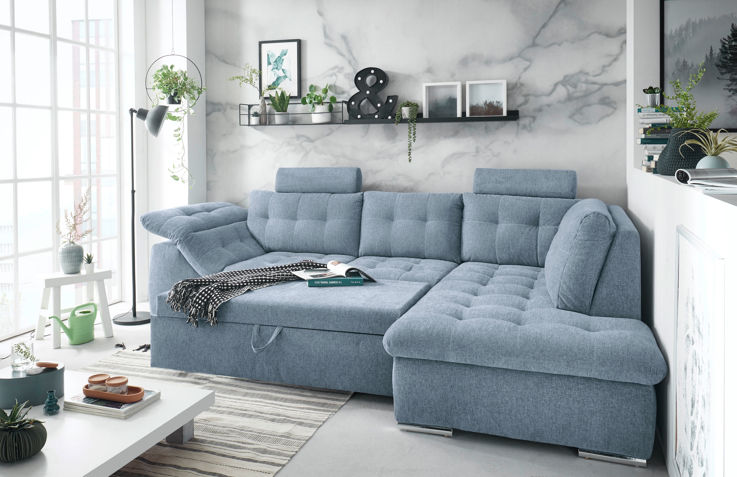 ED EXCITING DESIGN Ecksofa Oman, mit Bettfunktion, Bettkasten, Armteilverstellung und  Kopfstützen