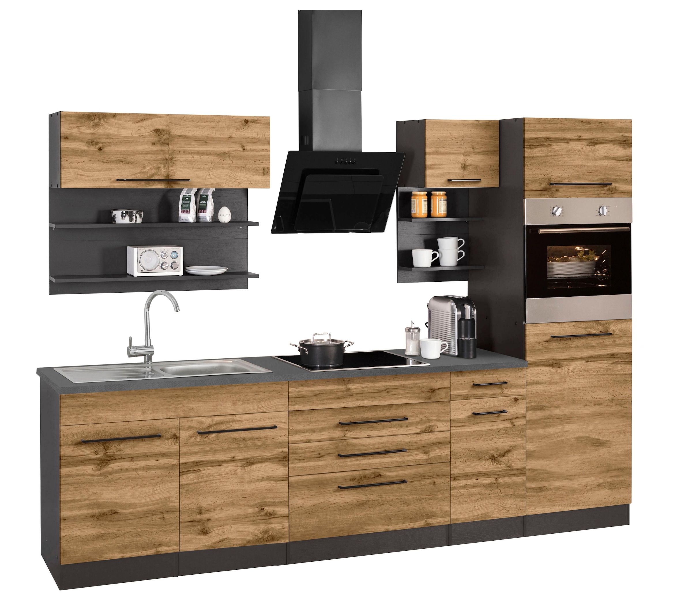 KOCHSTATION Küchenzeile »KS-Tulsa«, mit E-Geräten, Breite 290 cm, schwarze Metallgriffe, MDF Fronten
