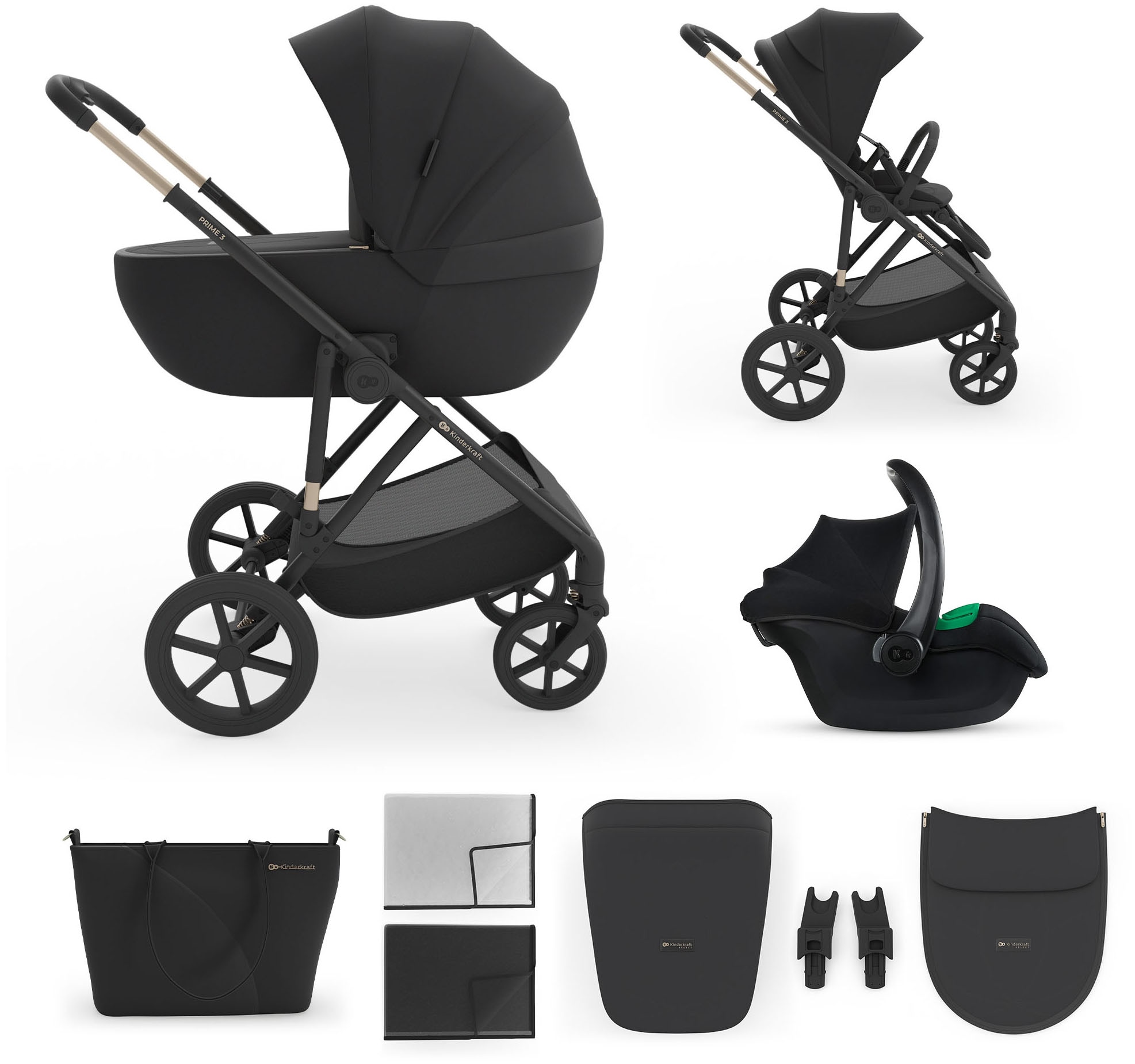 Kinderkraft Kombi-Kinderwagen "PRIME 3 3in1" 22 kg inkl. Babyschale MINK