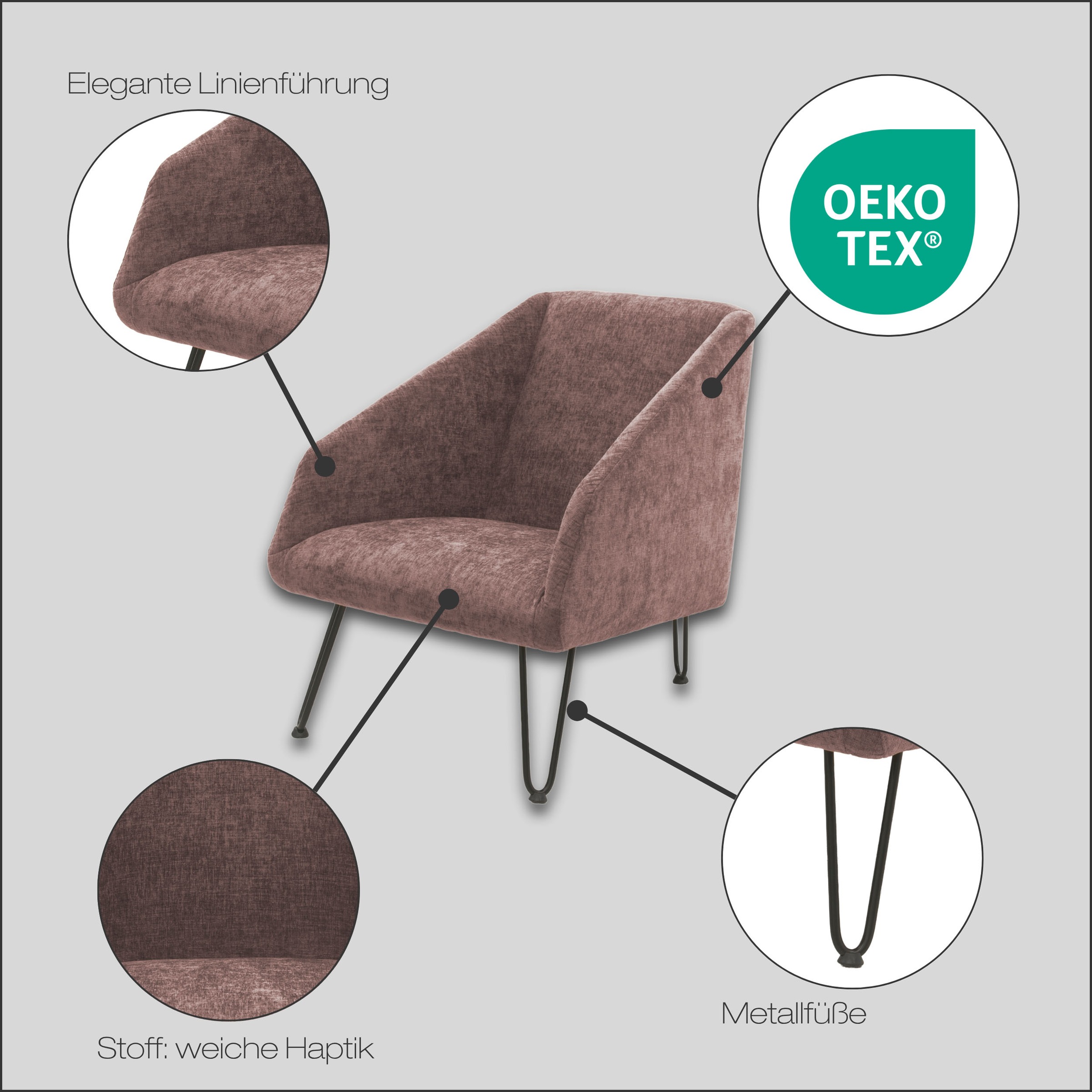 Thumbnail - DOMO collection Sessel "Delft Loungesessel, Hairpin Legs, Retro, Metallbeine schwarz" Chenille-Optik, creme
